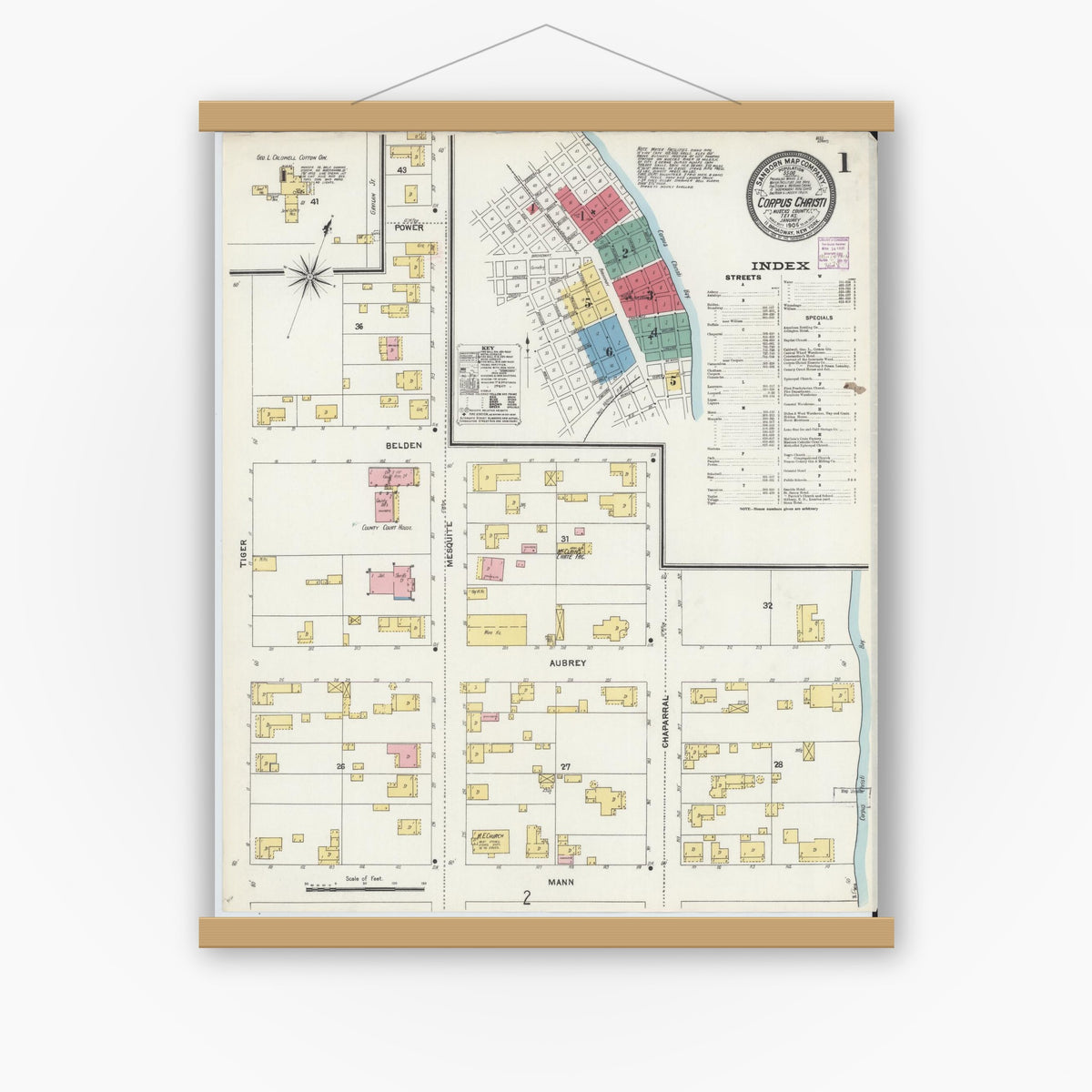 Old map wall art mockup — magnetic wood frame on white wall — Sanborn Fire Insurance Map from Corpus Christi, Nueces County, Texas (1906) - Complete Map Set