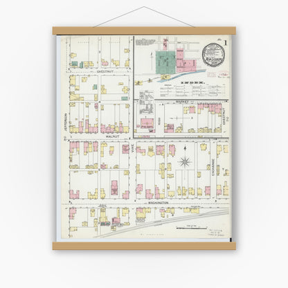 Old map wall art mockup — magnetic wood frame on white wall — Sanborn Fire Insurance Map from New Lisbon, Columbiana County, Ohio (1893) - Complete Map Set