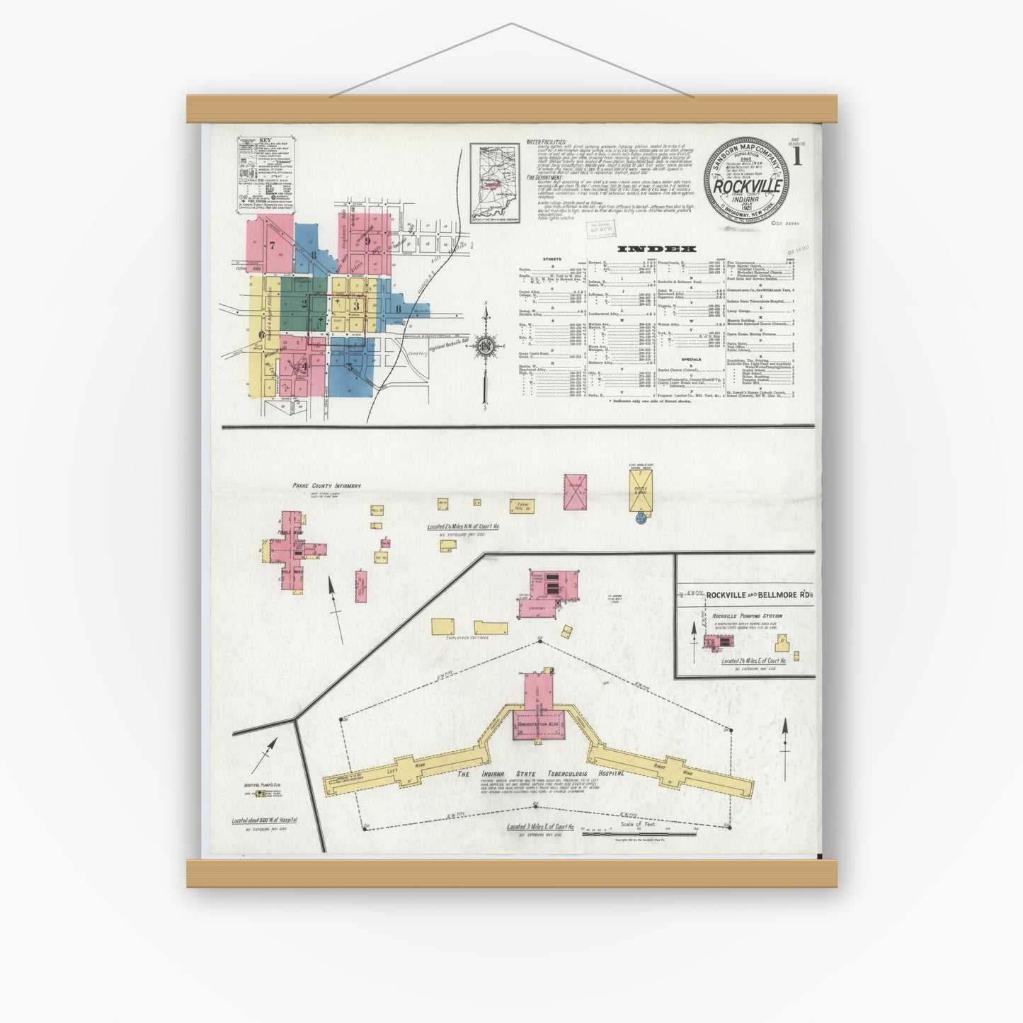 Old map wall art mockup — magnetic wood frame on white wall — Sanborn Fire Insurance Map from Rockville, Parke County, Indiana (1921), Sheet #0001
