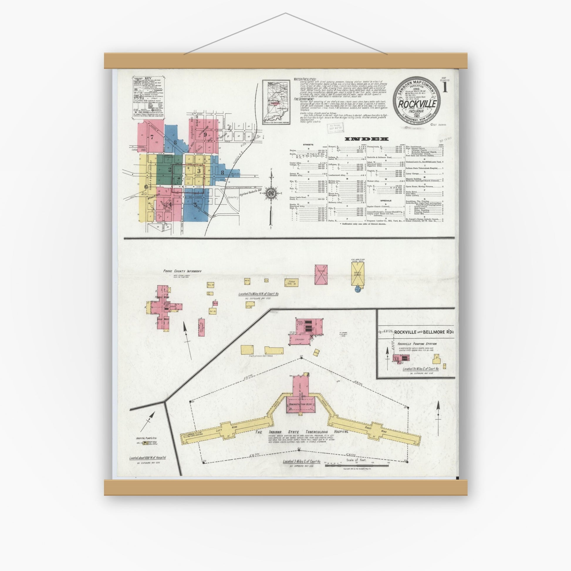 Old map wall art mockup — magnetic wood frame on white wall — Sanborn Fire Insurance Map from Rockville, Parke County, Indiana (1921), Sheet #0001