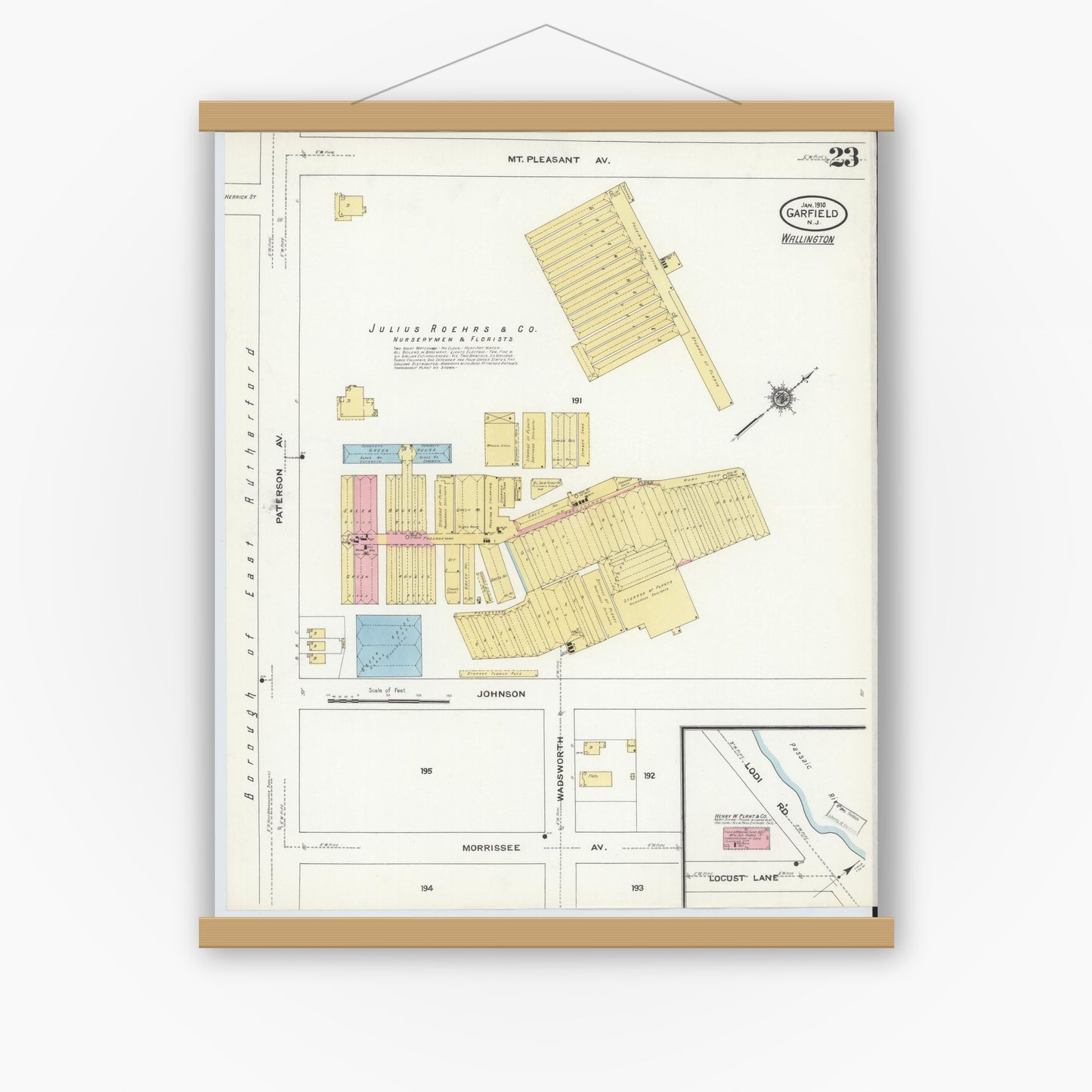 Old map wall art mockup — magnetic wood frame on white wall — Sanborn Fire Insurance Map from Garfield, Bergen County, New Jersey (1910), Sheet #0023