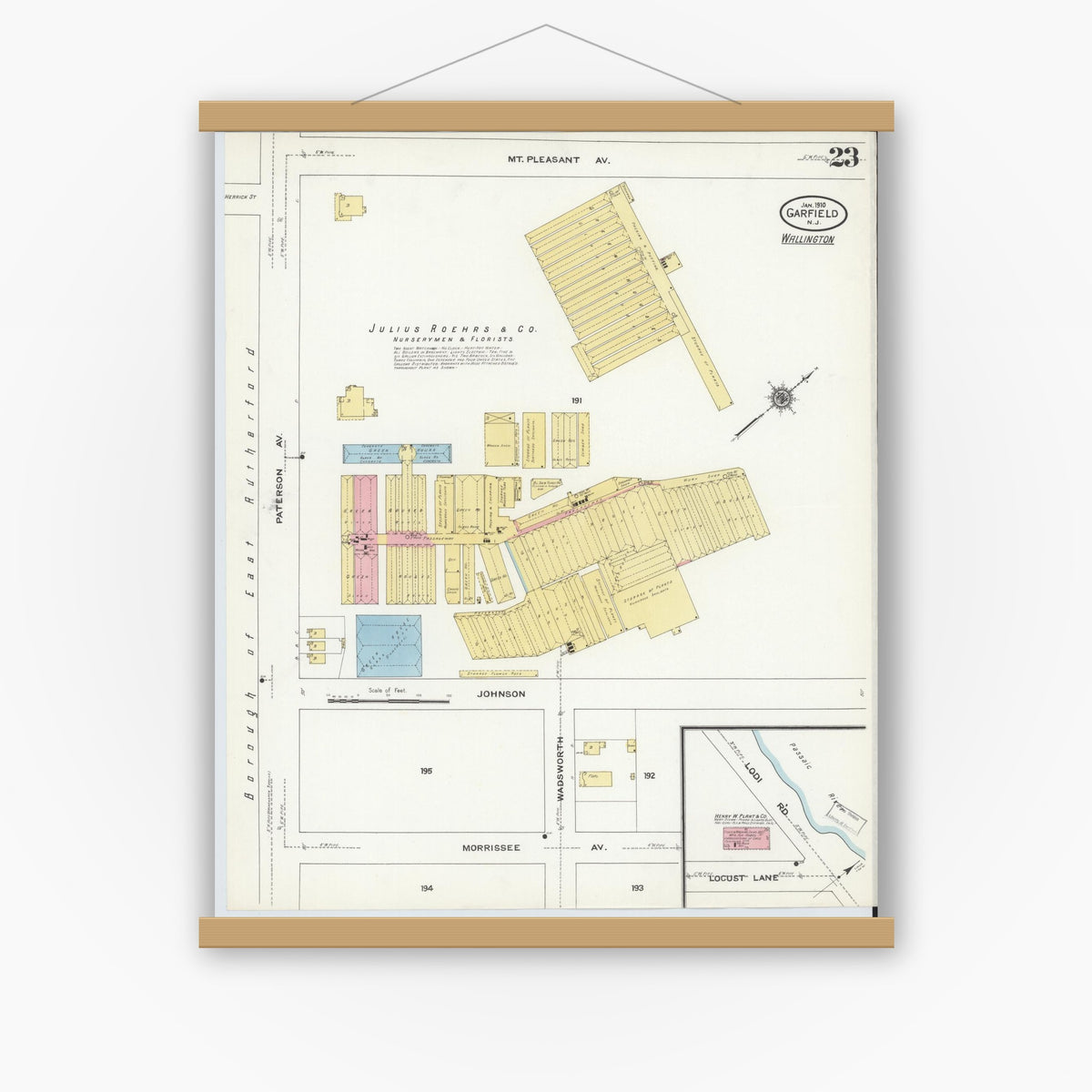 Old map wall art mockup — magnetic wood frame on white wall — Sanborn Fire Insurance Map from Garfield, Bergen County, New Jersey (1910), Sheet #0023