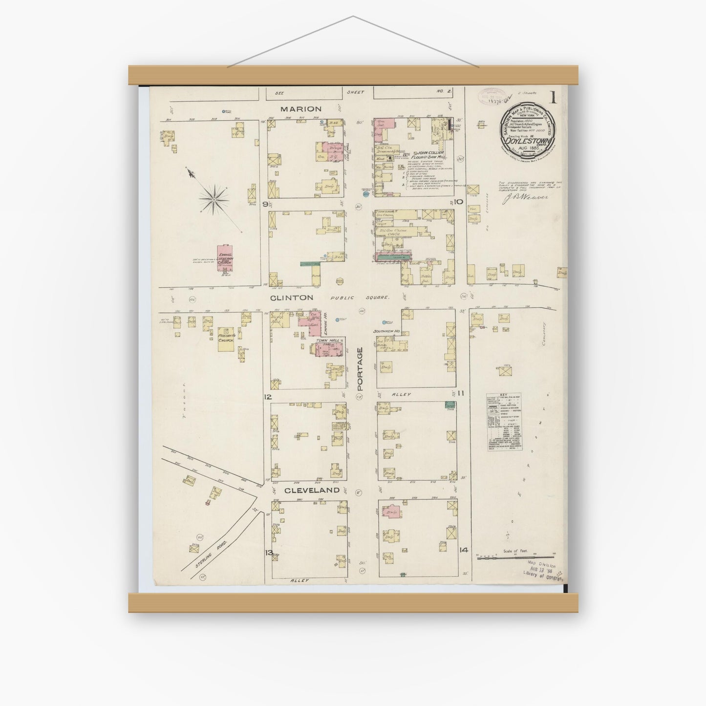 Old map wall art mockup — magnetic wood frame on white wall — Sanborn Fire Insurance Map from Doylestown, Wayne County, Ohio (1885) - Complete Map Set