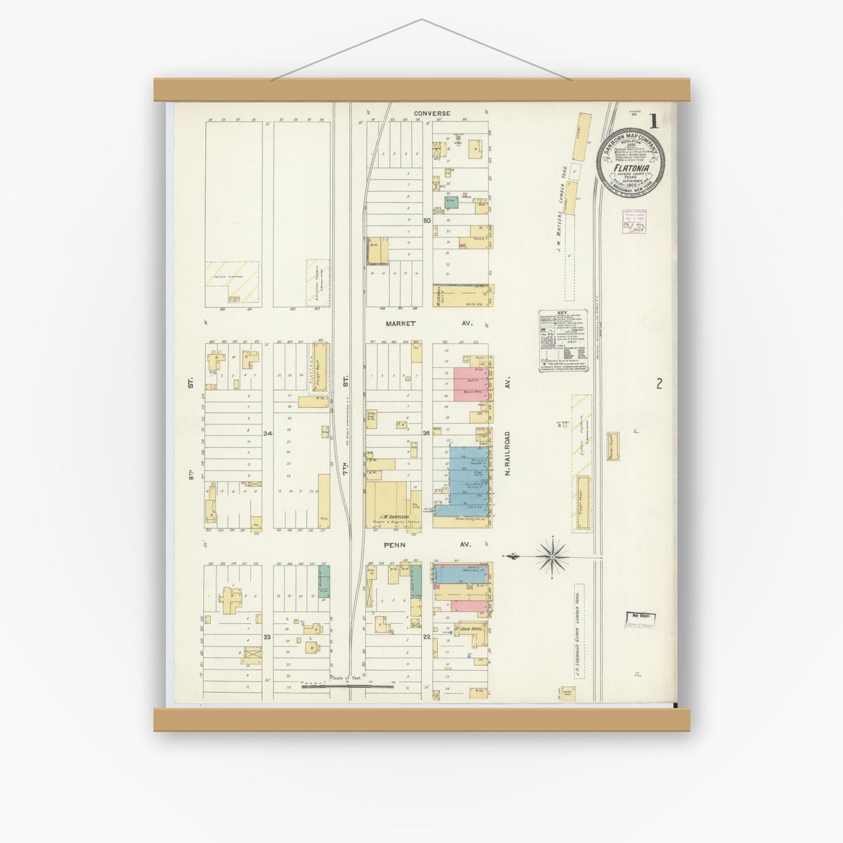 Old map wall art mockup — magnetic wood frame on white wall — Sanborn Fire Insurance Map from Flatonia, Fayette County, Texas (1906) - Complete Map Set