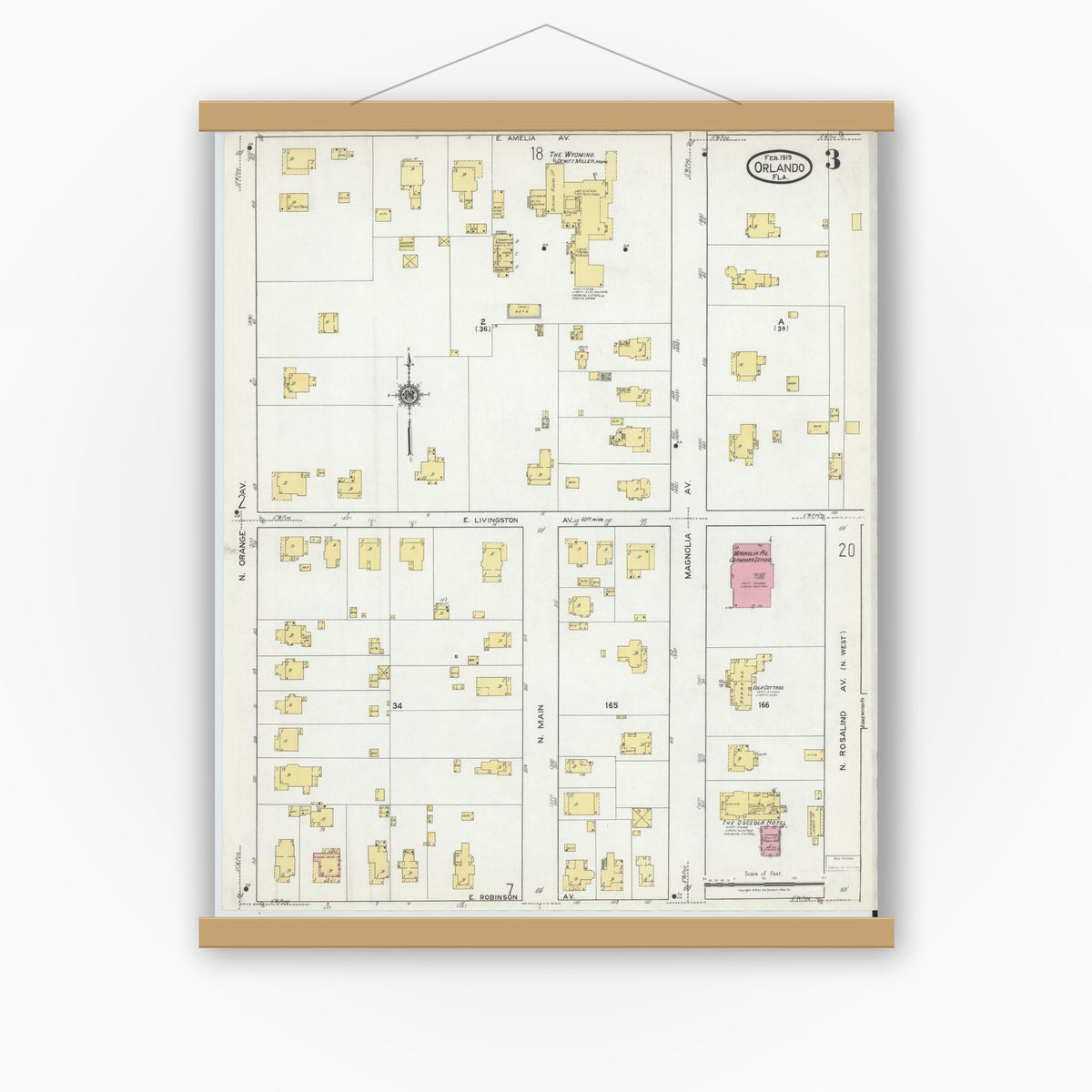 Old map wall art mockup — magnetic wood frame on white wall — Sanborn Fire Insurance Map from Orlando, Orange County, Florida (1919), Sheet #0003