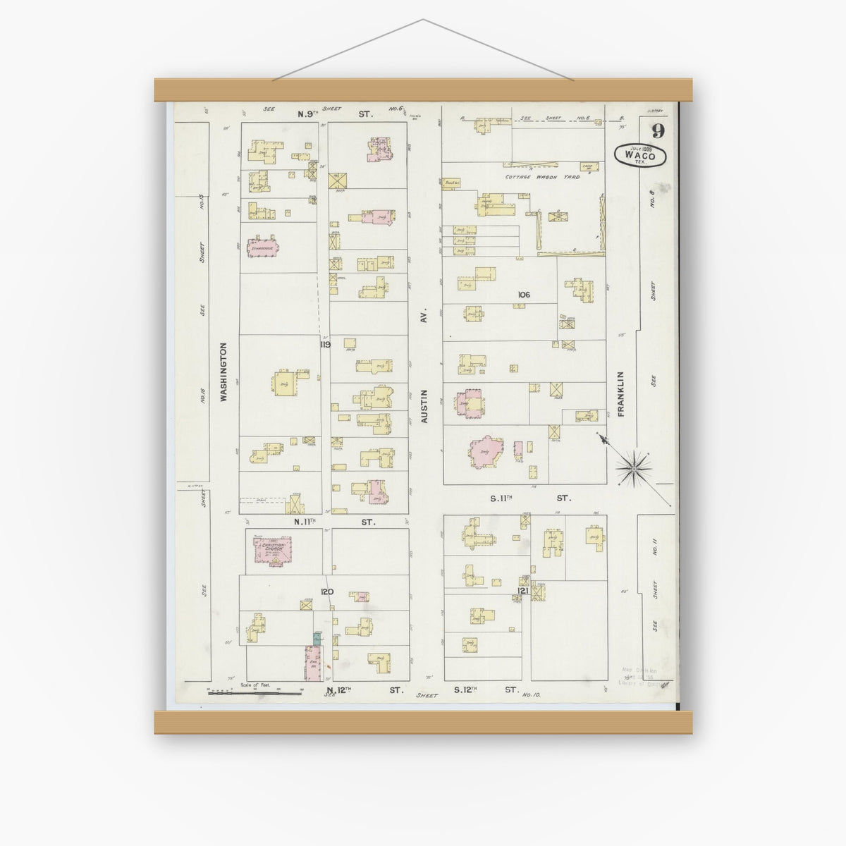 Old map wall art mockup — magnetic wood frame on white wall — Sanborn Fire Insurance Map from Waco, McLennan County, Texas (1889), Sheet #0009