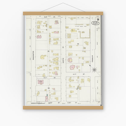 Old map wall art mockup — magnetic wood frame on white wall — Sanborn Fire Insurance Map from Waco, McLennan County, Texas (1889), Sheet #0009