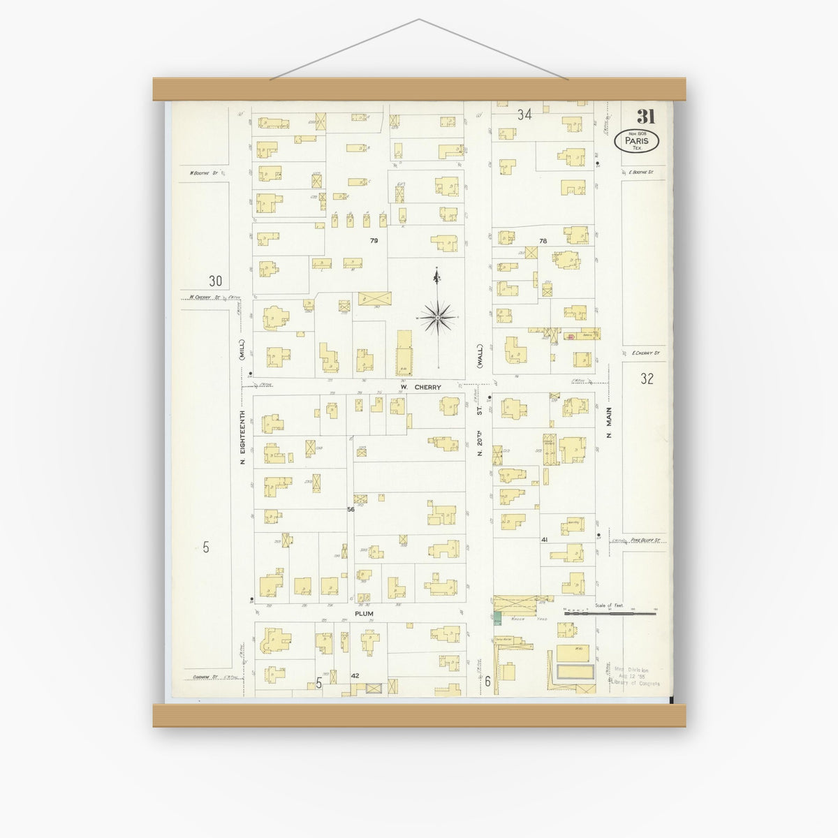 Old map wall art mockup — magnetic wood frame on white wall — Sanborn Fire Insurance Map from Paris, Lamar County, Texas (1908), Sheet #0031