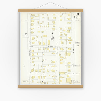 Old map wall art mockup — magnetic wood frame on white wall — Sanborn Fire Insurance Map from Paris, Lamar County, Texas (1908), Sheet #0031