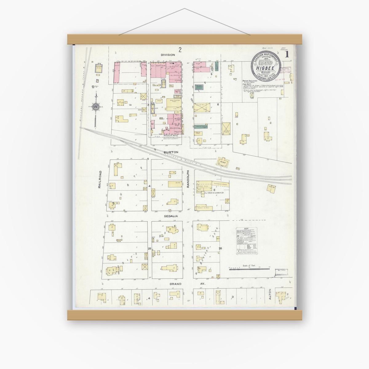 Old map wall art mockup — magnetic wood frame on white wall — Sanborn Fire Insurance Map from Higbee, Randolph County, Missouri (1910), Sheet #0001