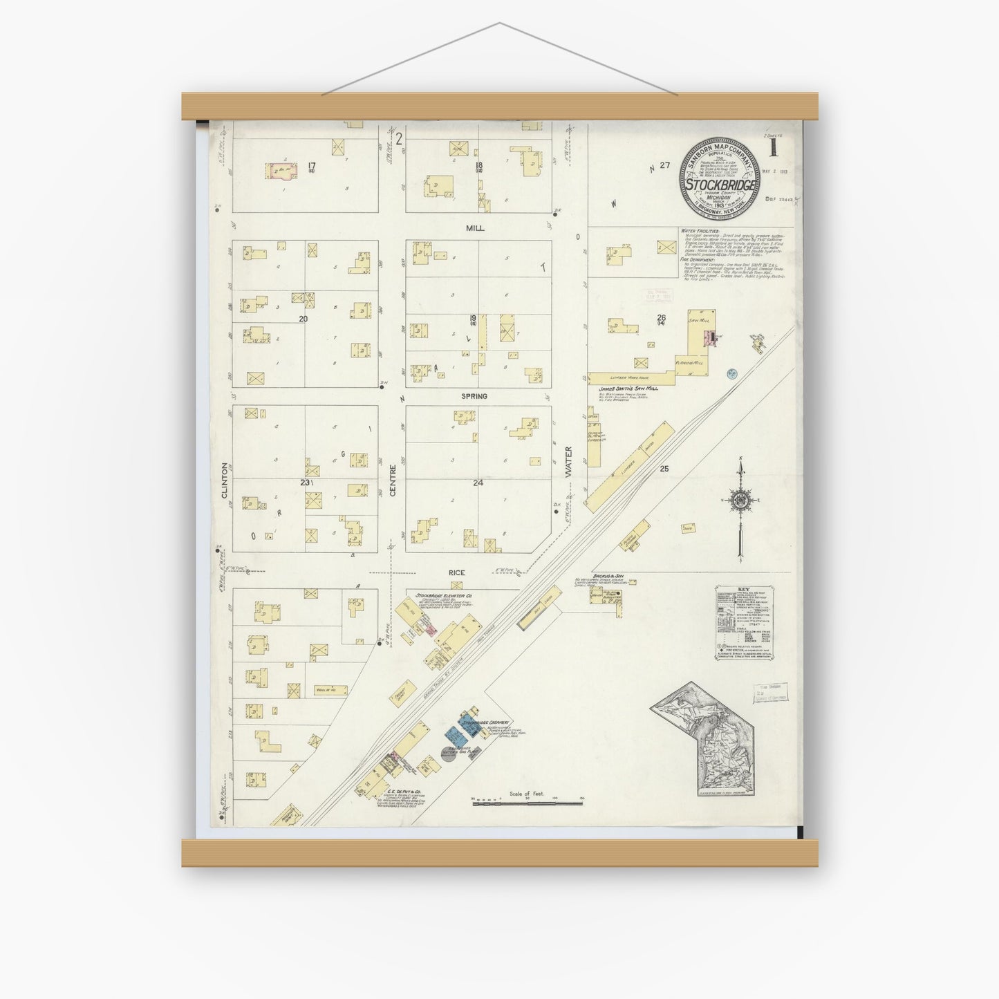 Old map wall art mockup — magnetic wood frame on white wall — Sanborn Fire Insurance Map from Stockbridge, Ingham County, Michigan (1913) - Complete Map Set