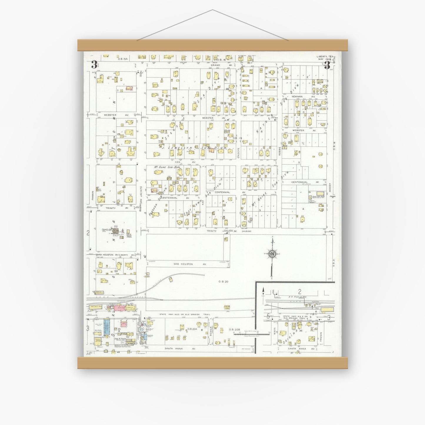 Old map wall art mockup — magnetic wood frame on white wall — Sanborn Fire Insurance Map from Liberty, Liberty County, Texas (1938), Sheet #0003