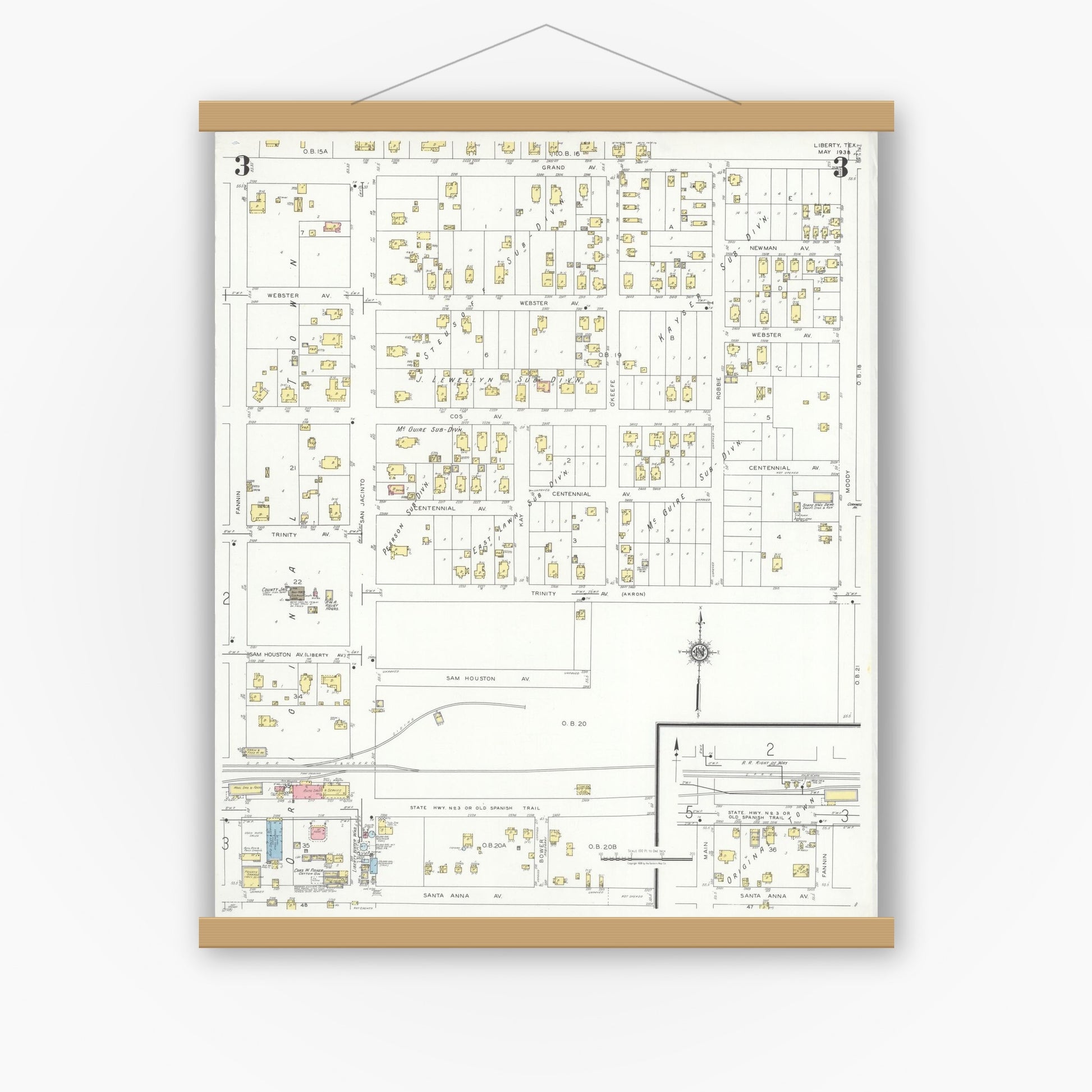 Old map wall art mockup — magnetic wood frame on white wall — Sanborn Fire Insurance Map from Liberty, Liberty County, Texas (1938), Sheet #0003