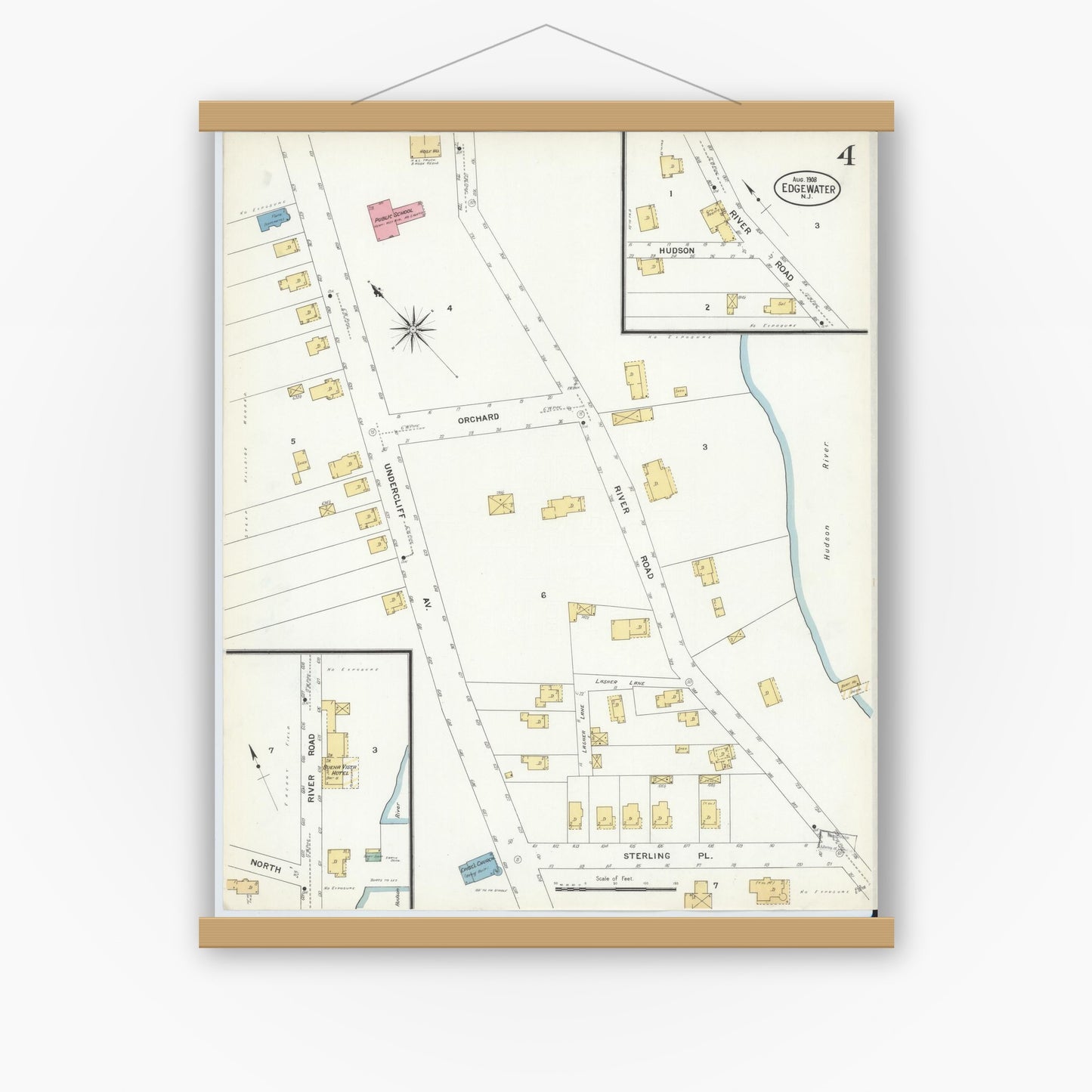 Old map wall art mockup — magnetic wood frame on white wall — Sanborn Fire Insurance Map from Edgewater, Bergen County, New Jersey (1908), Sheet #0004