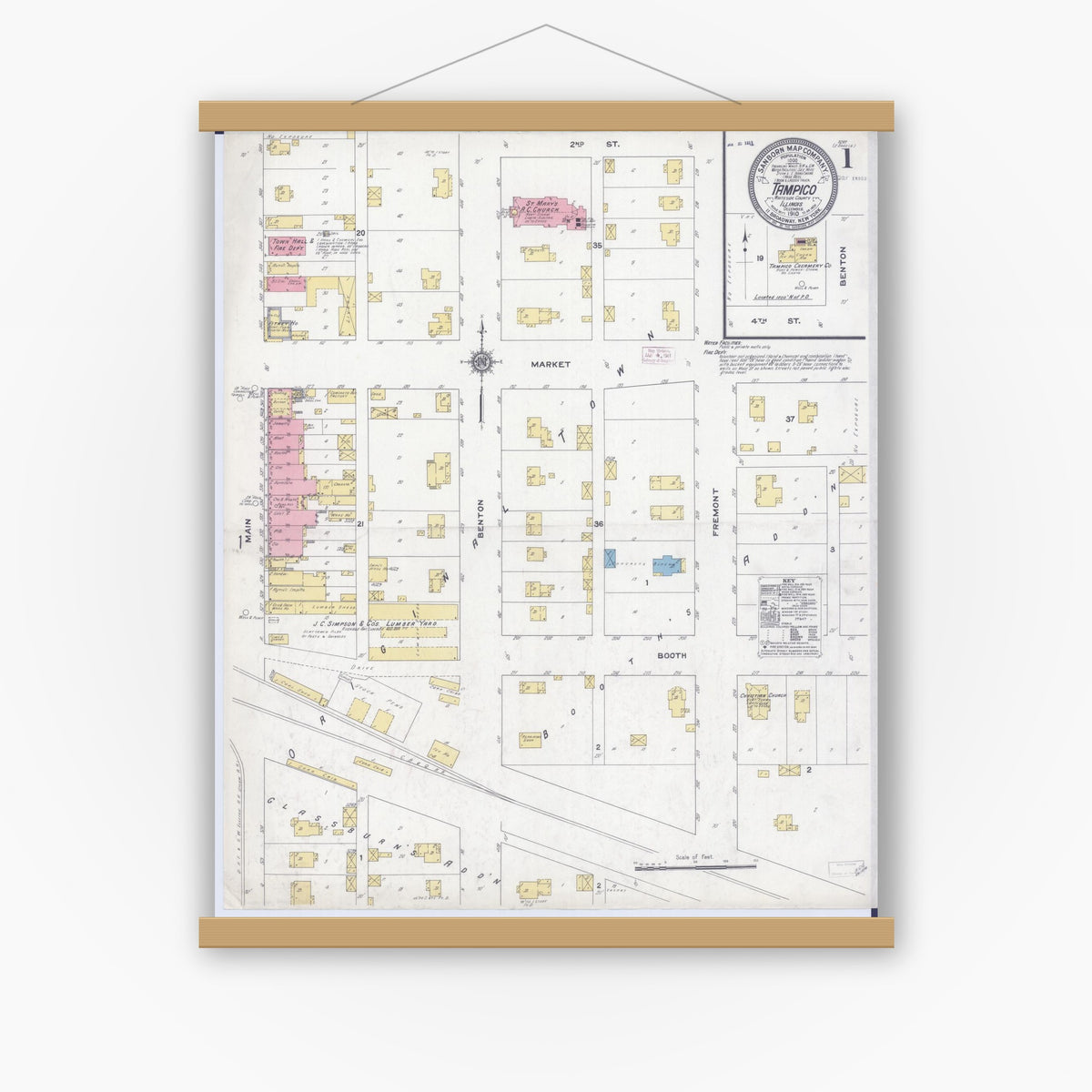 Old map wall art mockup — magnetic wood frame on white wall — Sanborn Fire Insurance Map from Tampico, Whiteside County, Illinois (1910) - Complete Map Set