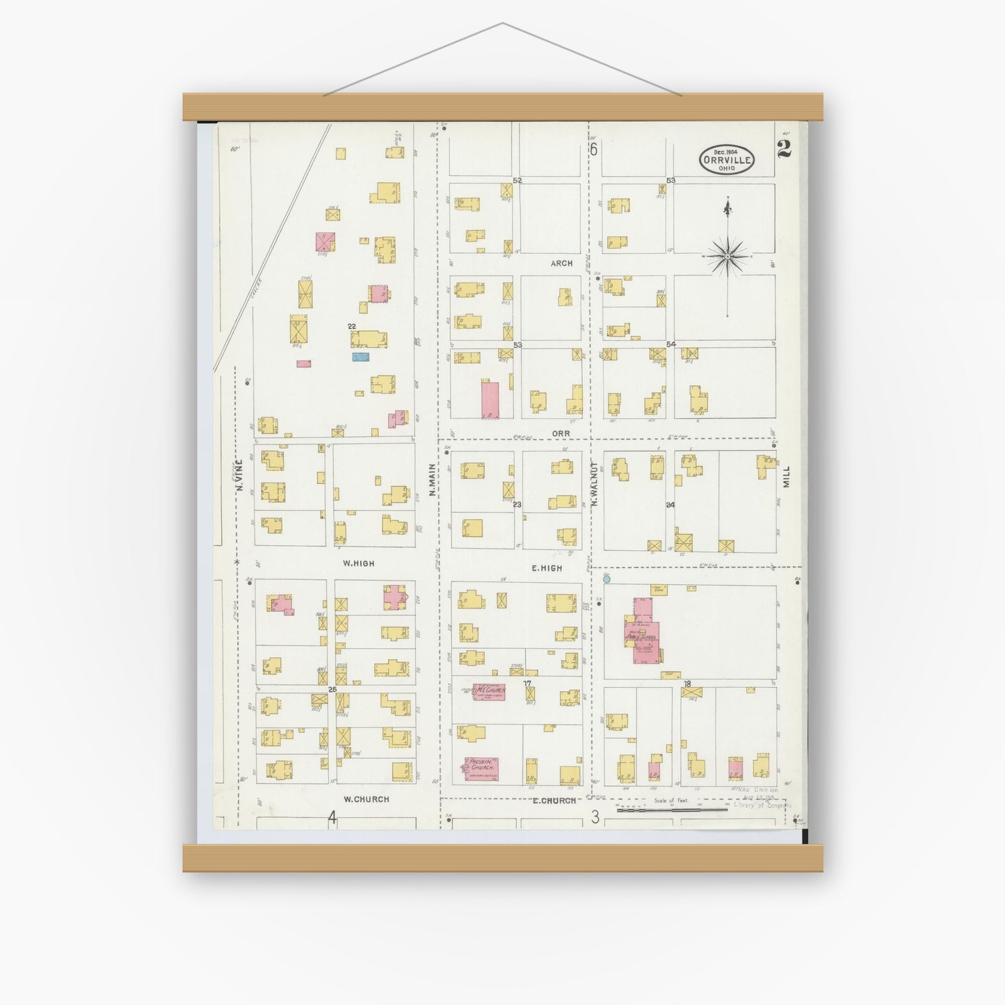 Old map wall art mockup — magnetic wood frame on white wall — Sanborn Fire Insurance Map from Orrville, Wayne County, Ohio (1904), Sheet #0002