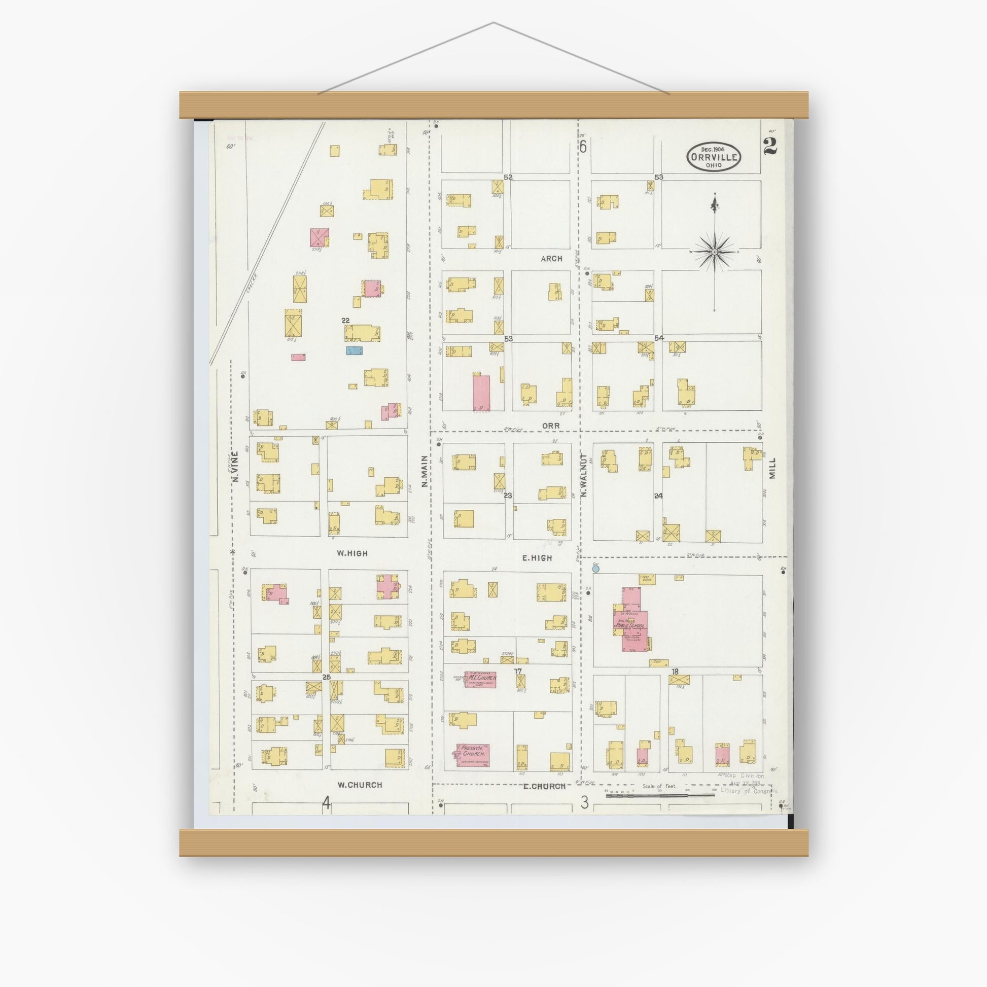 Old map wall art mockup — magnetic wood frame on white wall — Sanborn Fire Insurance Map from Orrville, Wayne County, Ohio (1904), Sheet #0002