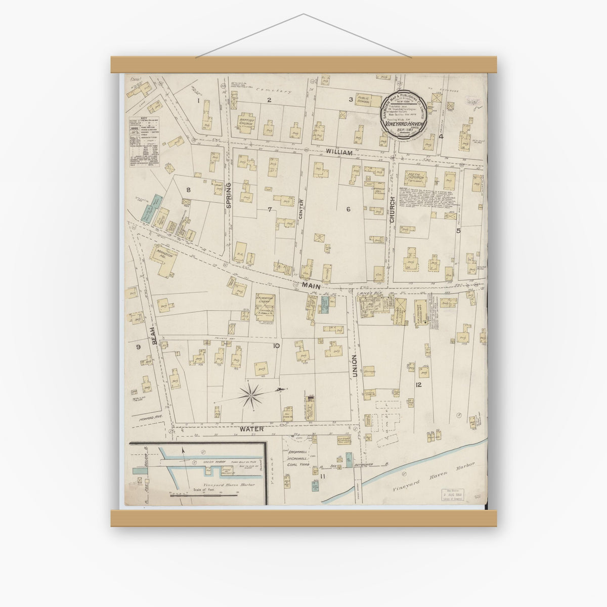 Old map wall art mockup — magnetic wood frame on white wall — Sanborn Fire Insurance Map from Vineyard Haven, Dukes County, Massachusetts (1887), Sheet #0001