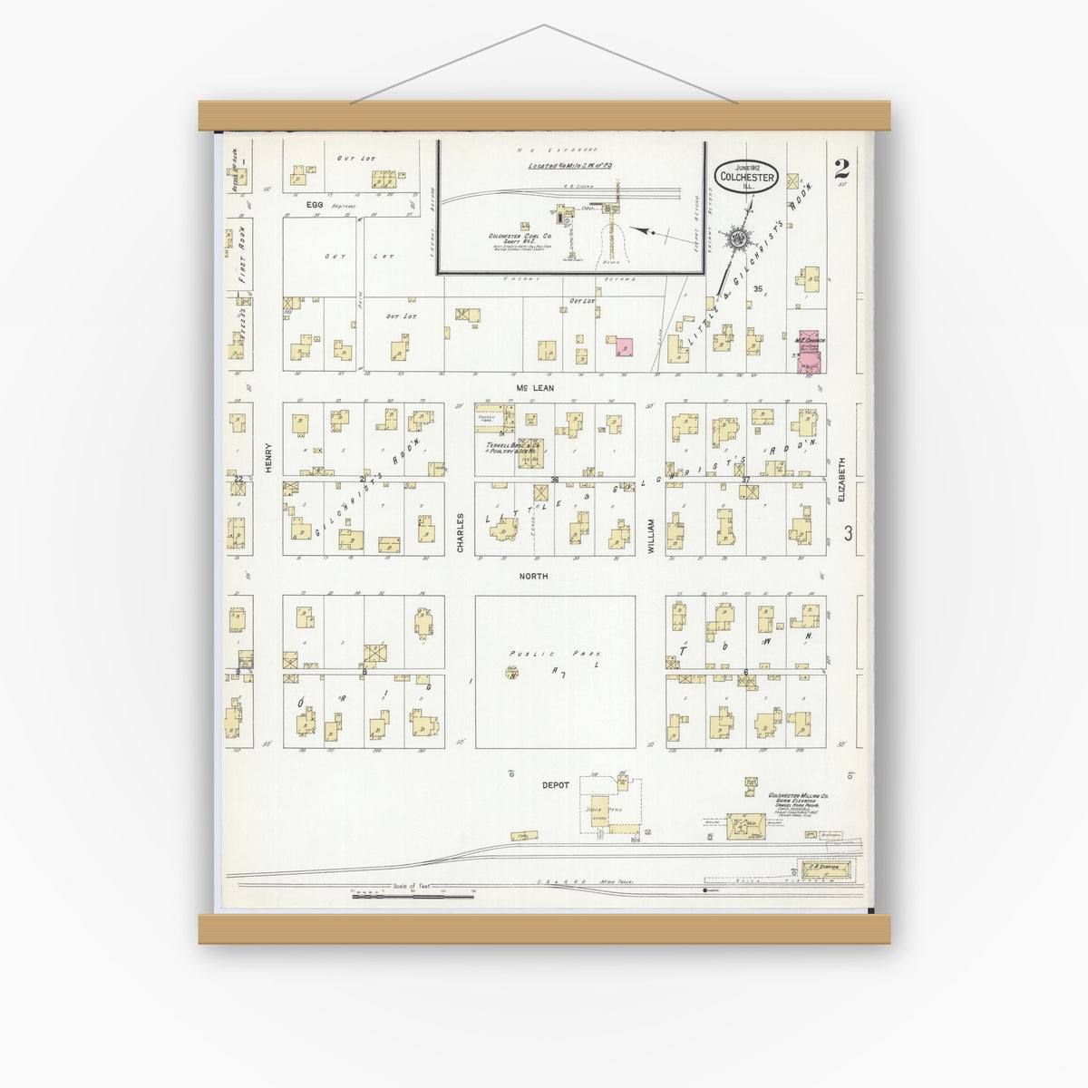 Old map wall art mockup — magnetic wood frame on white wall — Sanborn Fire Insurance Map from Colchester, Mcdonough County, Illinois (1912), Sheet #0002