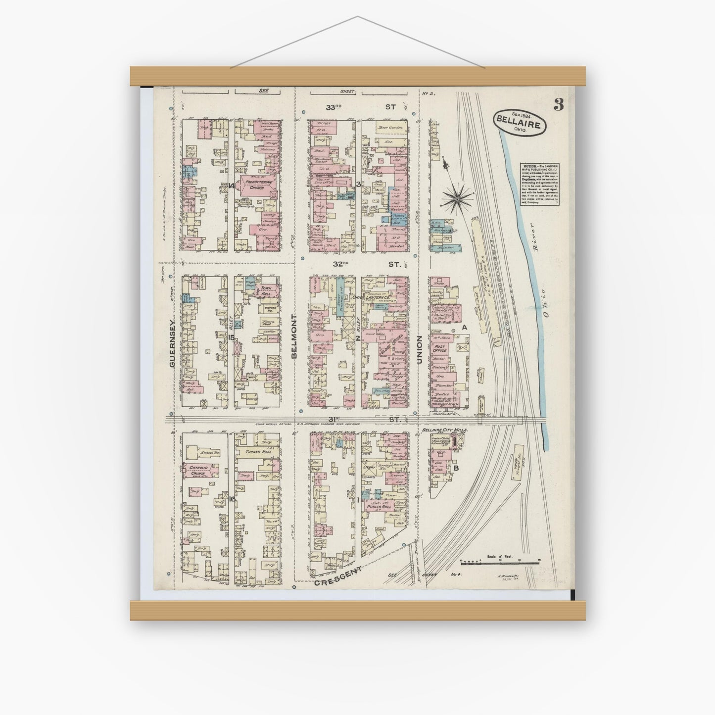 Old map wall art mockup — magnetic wood frame on white wall — Sanborn Fire Insurance Map from Bellaire, Belmont County, Ohio (1884), Sheet #0003