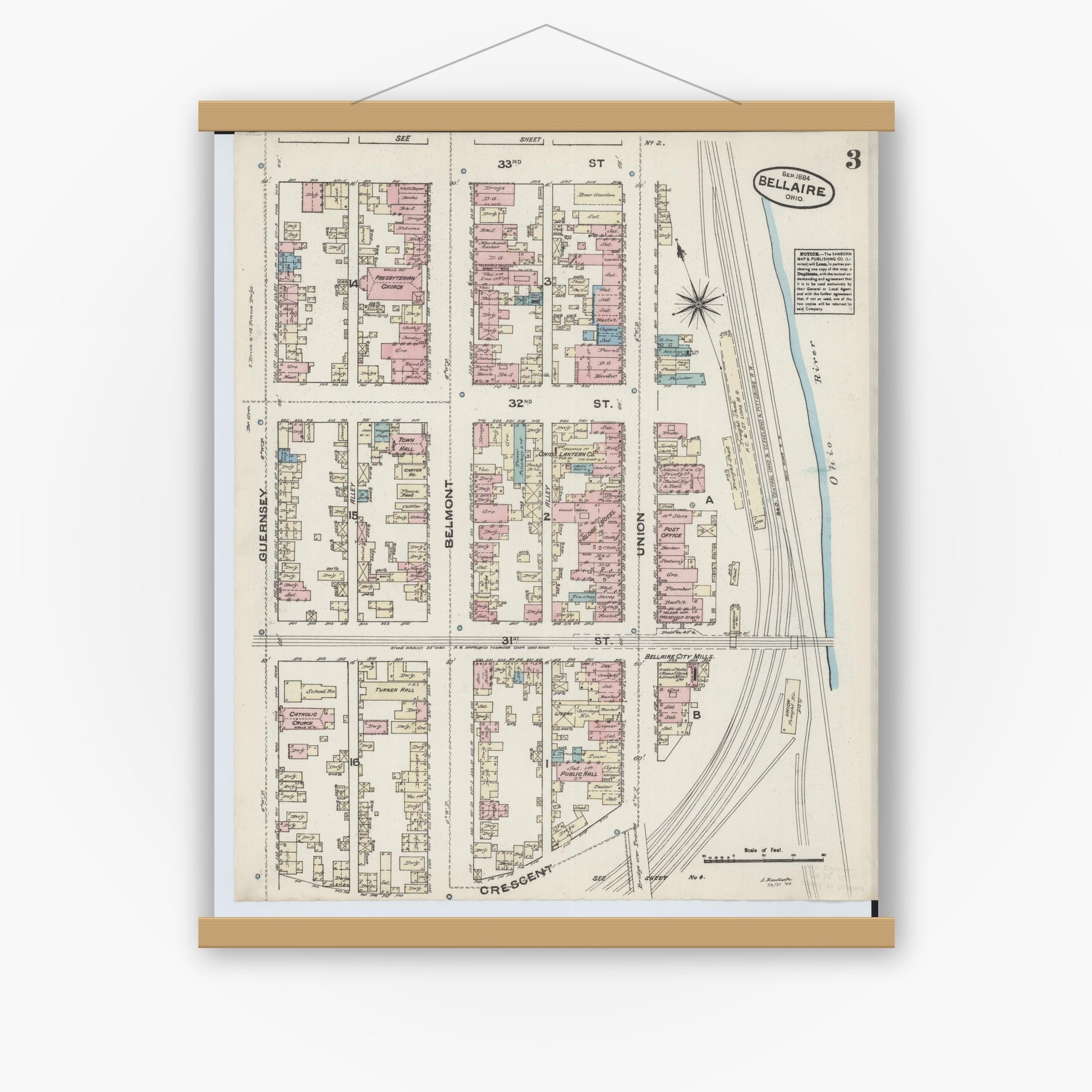 Old map wall art mockup — magnetic wood frame on white wall — Sanborn Fire Insurance Map from Bellaire, Belmont County, Ohio (1884), Sheet #0003