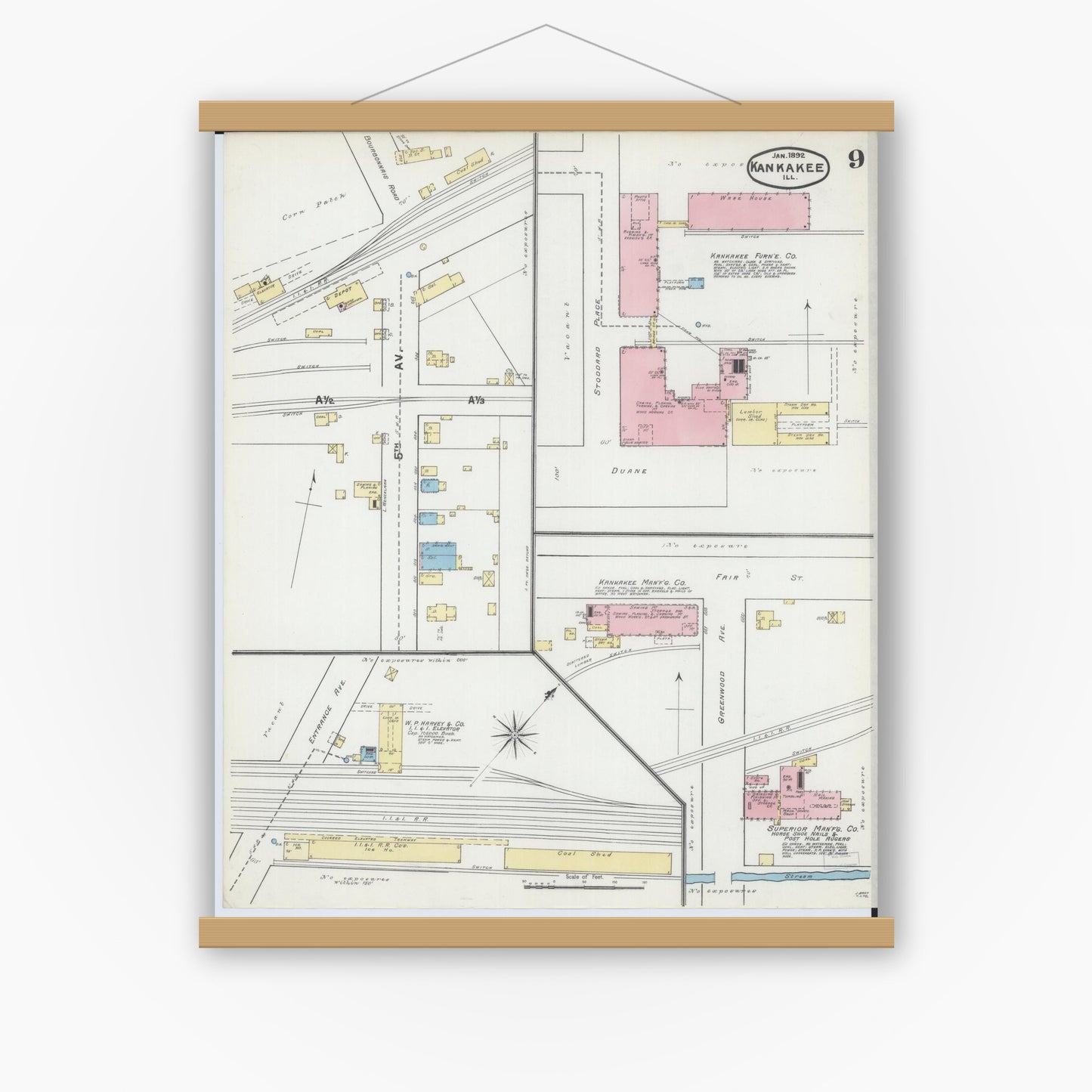 Old map wall art mockup — magnetic wood frame on white wall — Sanborn Fire Insurance Map from Kankakee, Kankakee County, Illinois (1892), Sheet #0009