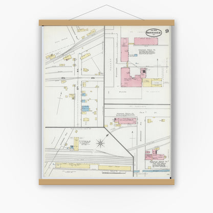 Old map wall art mockup — magnetic wood frame on white wall — Sanborn Fire Insurance Map from Kankakee, Kankakee County, Illinois (1892), Sheet #0009