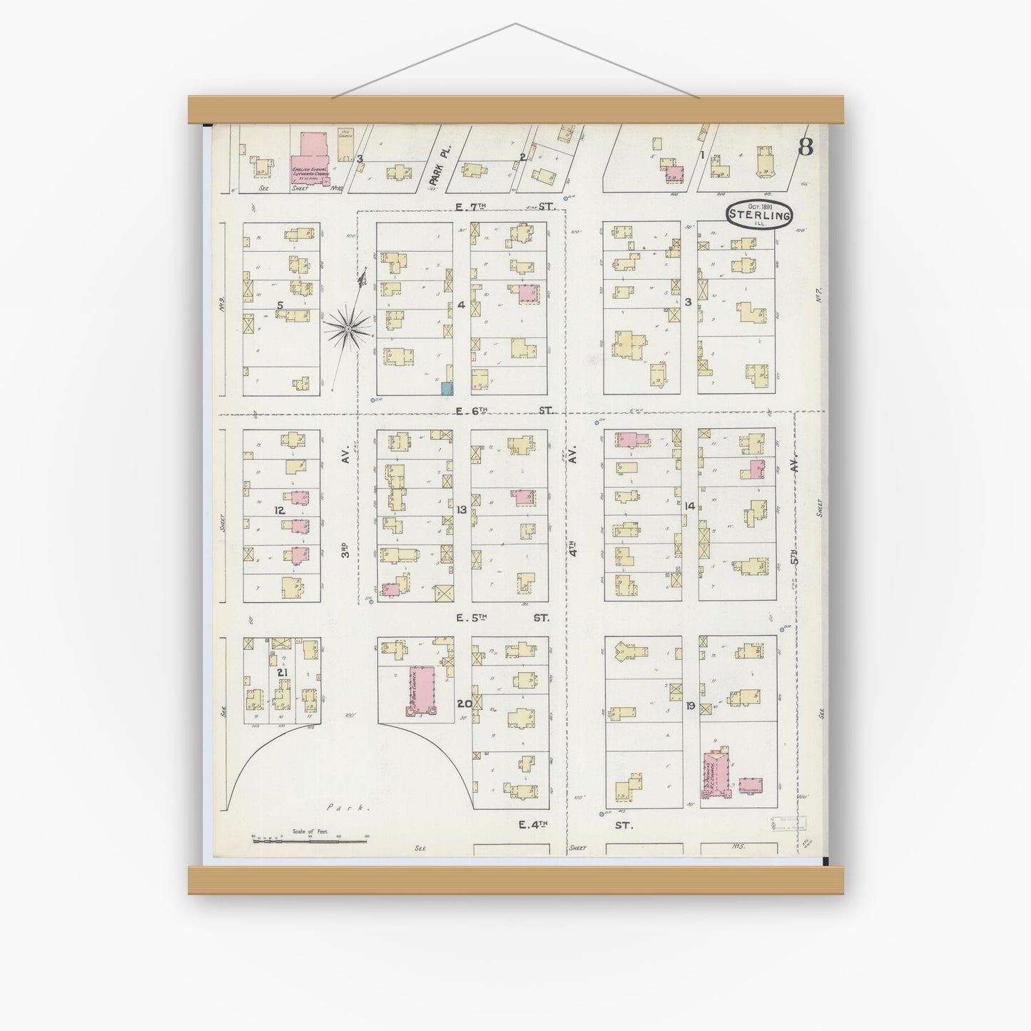 Old map wall art mockup — magnetic wood frame on white wall — Sanborn Fire Insurance Map from Sterling, Whiteside County, Illinois (1891), Sheet #0008