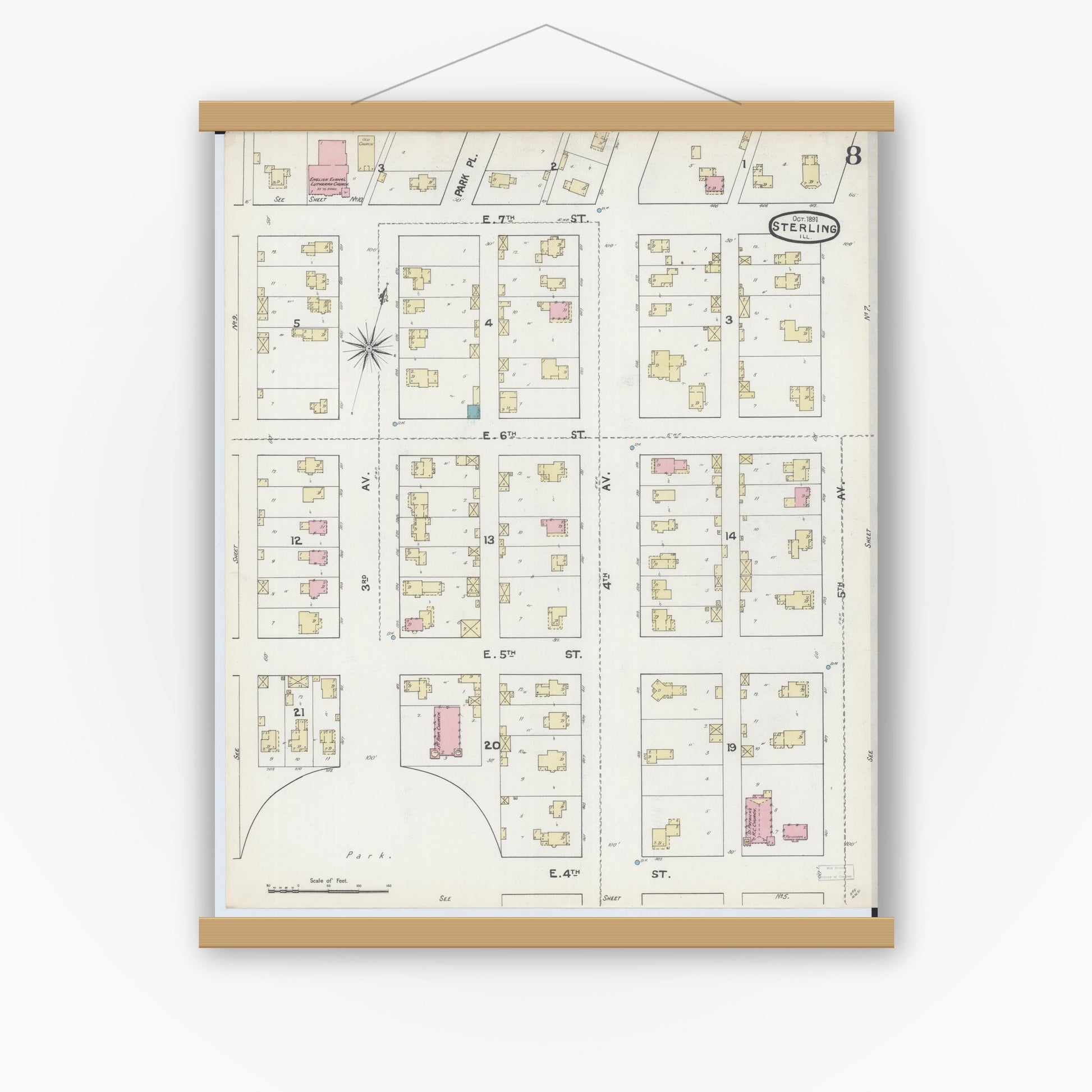 Old map wall art mockup — magnetic wood frame on white wall — Sanborn Fire Insurance Map from Sterling, Whiteside County, Illinois (1891), Sheet #0008