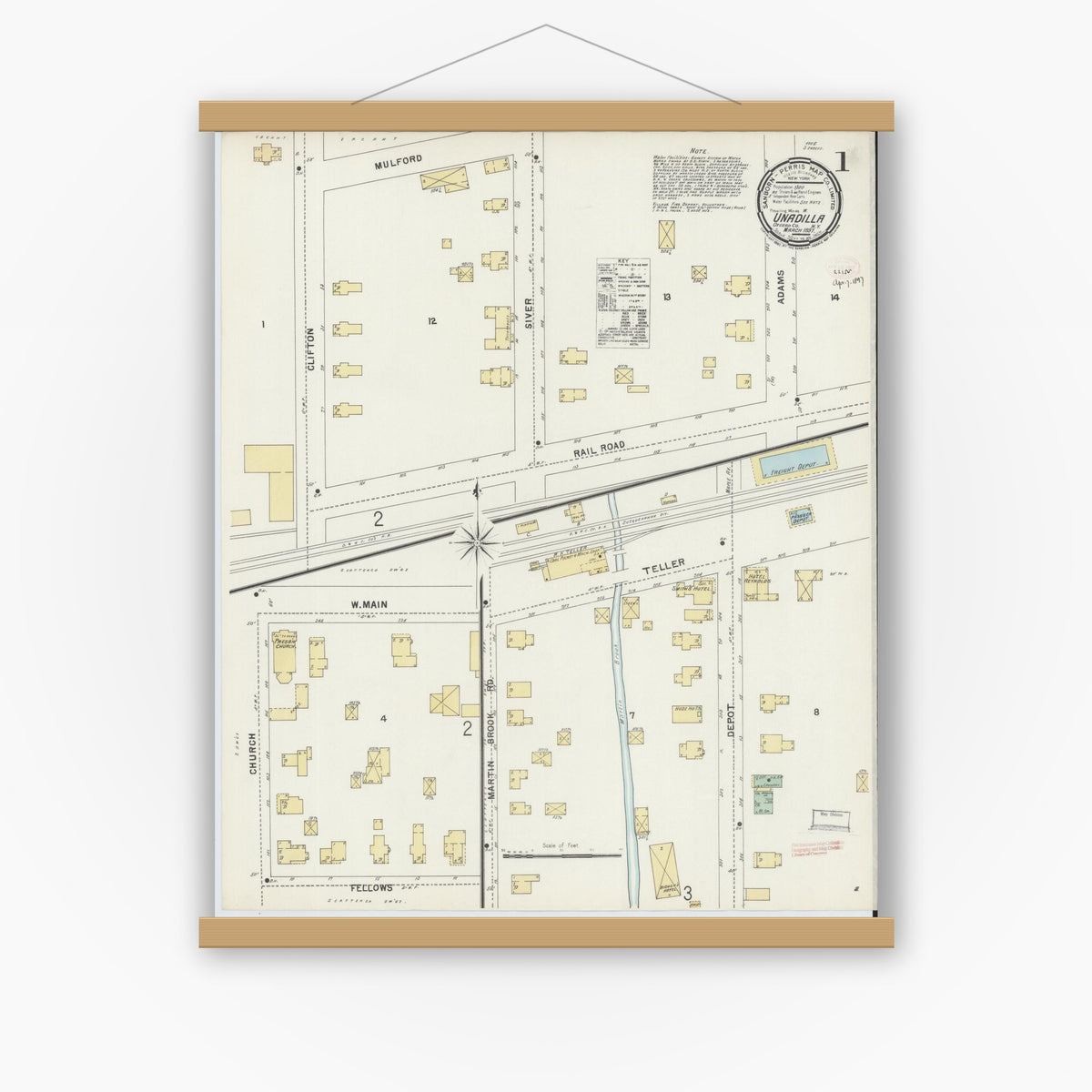 Old map wall art mockup — magnetic wood frame on white wall — Sanborn Fire Insurance Map from Unadilla, Otsego County, New York (1897) - Complete Map Set