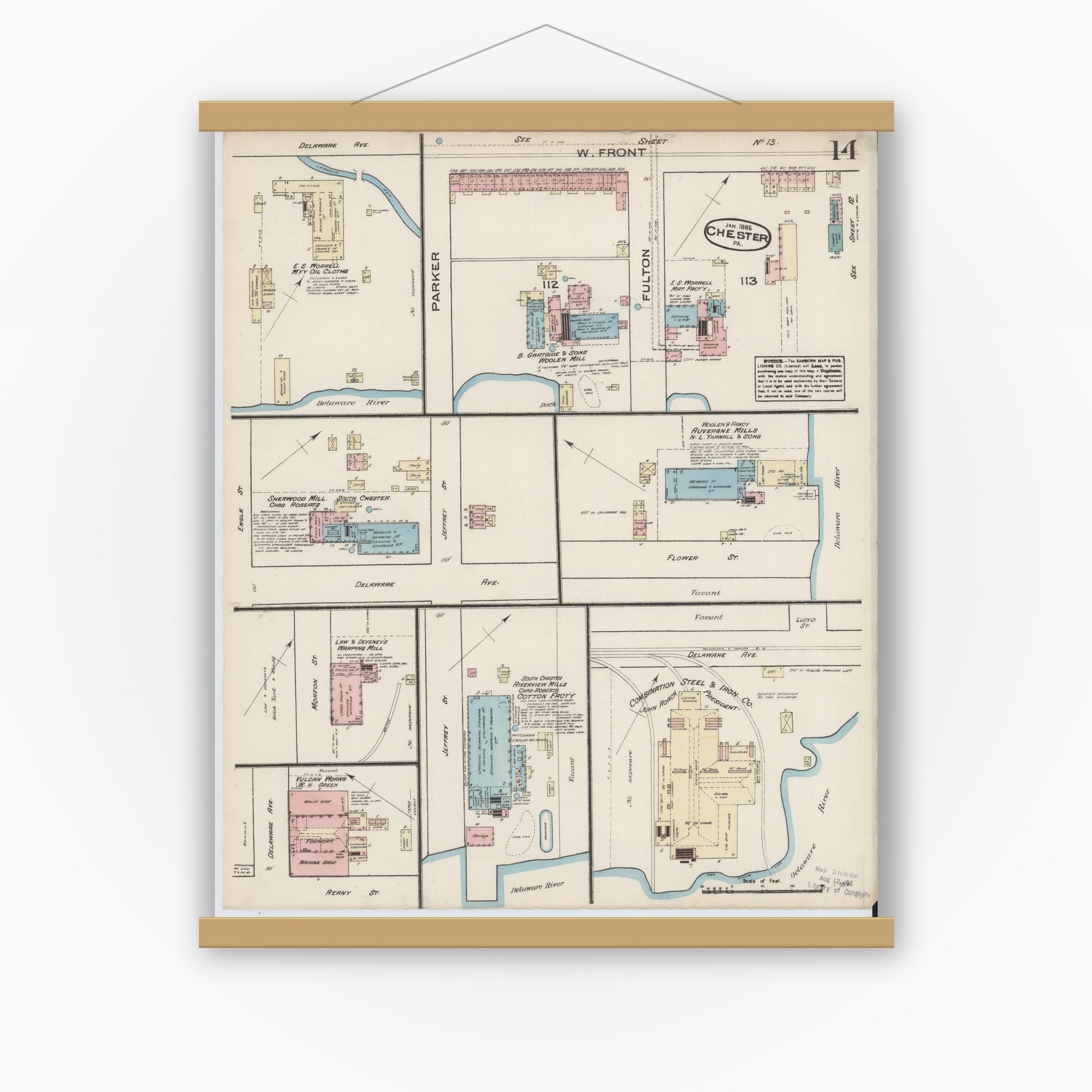 Old map wall art mockup — magnetic wood frame on white wall — Sanborn Fire Insurance Map from Chester, Delaware County, Pennsylvania (1885), Sheet #0014