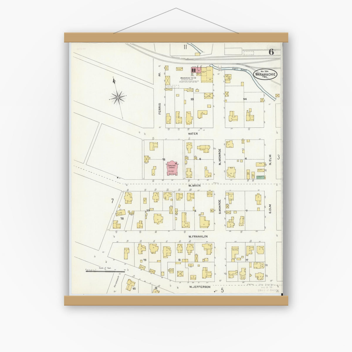 Old map wall art mockup — magnetic wood frame on white wall — Sanborn Fire Insurance Map from Waxahachie, Ellis County, Texas (1904), Sheet #0006