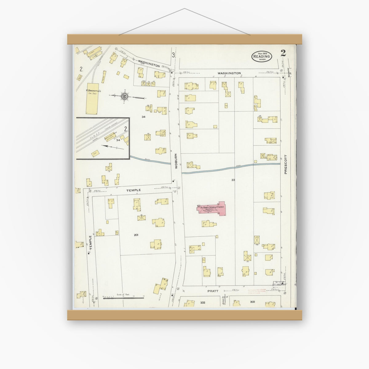 Old map wall art mockup — magnetic wood frame on white wall — Sanborn Fire Insurance Map from Reading, Middlesex County, Massachusetts (1909), Sheet #0002
