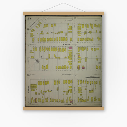 Old map wall art mockup — magnetic wood frame on white wall — Sanborn Fire Insurance Map from Madison, Dane County, Wisconsin (1908), Sheet #0037