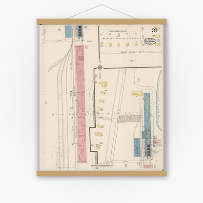 Old map wall art mockup — magnetic wood frame on white wall — Sanborn Fire Insurance Map from Escanaba, Delta County, Michigan (1921), Sheet #0031