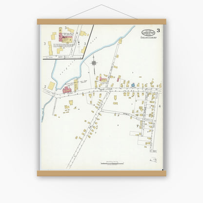 Old map wall art mockup — magnetic wood frame on white wall — Sanborn Fire Insurance Map from Leicester, Worcester County, Massachusetts (1918), Sheet #0003