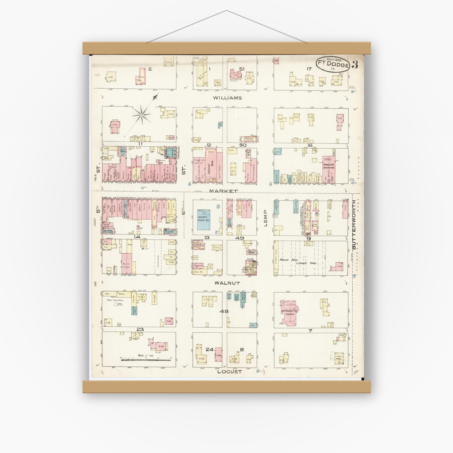 Old map wall art mockup — magnetic wood frame on white wall — Sanborn Fire Insurance Map from Fort Dodge, Webster County, Iowa (1885), Sheet #0003