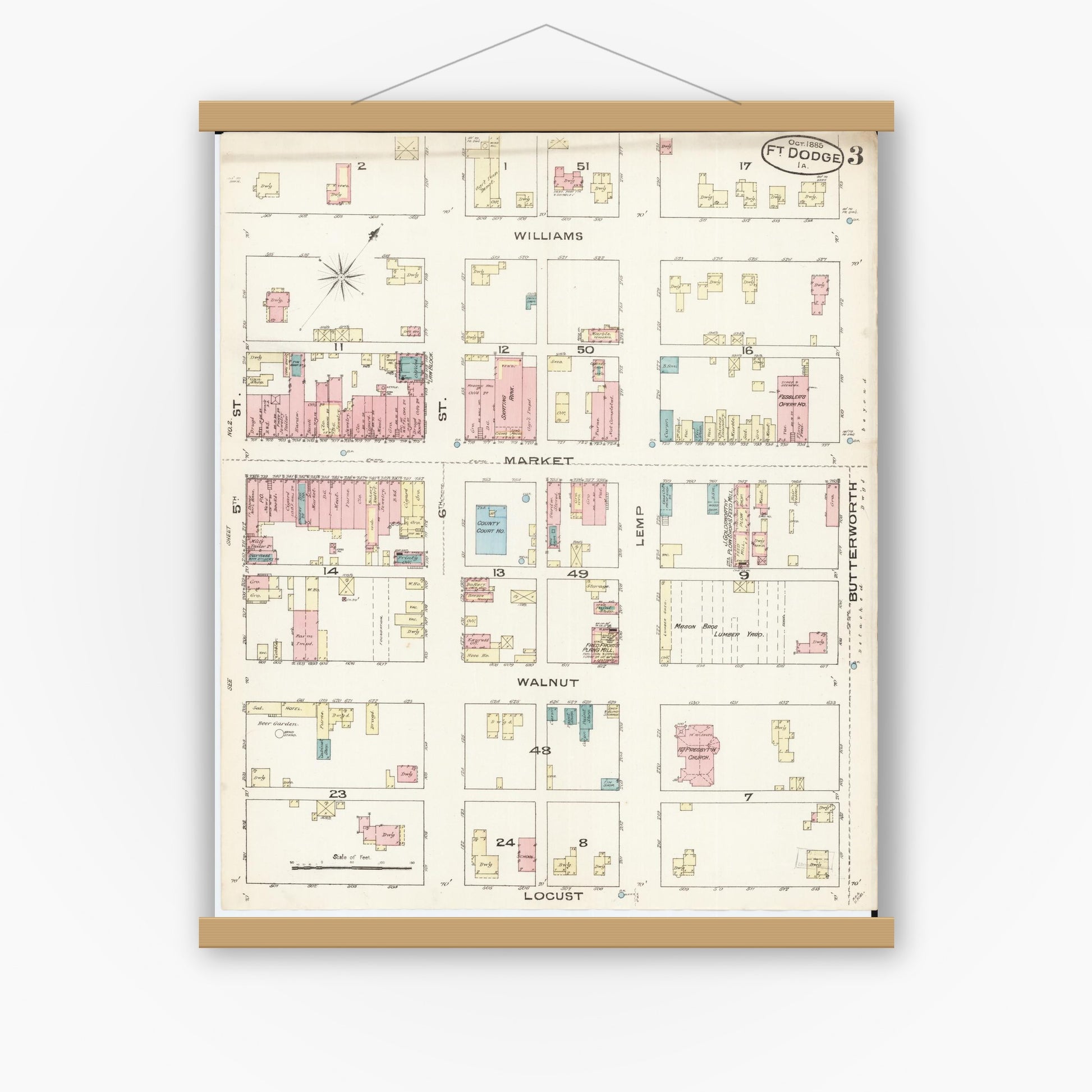 Old map wall art mockup — magnetic wood frame on white wall — Sanborn Fire Insurance Map from Fort Dodge, Webster County, Iowa (1885), Sheet #0003