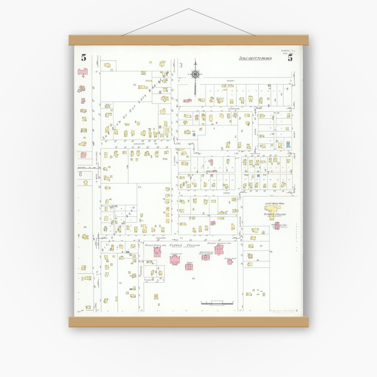Old map wall art mockup — magnetic wood frame on white wall — Sanborn Fire Insurance Map from Eureka, Woodford County, Illinois (1941), Sheet #0005