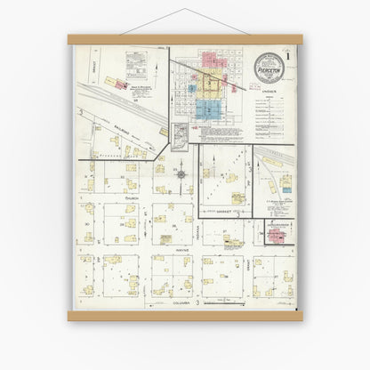 Old map wall art mockup — magnetic wood frame on white wall — Sanborn Fire Insurance Map from Pierceton, Kosciusko County, Indiana (1914) - Complete Map Set