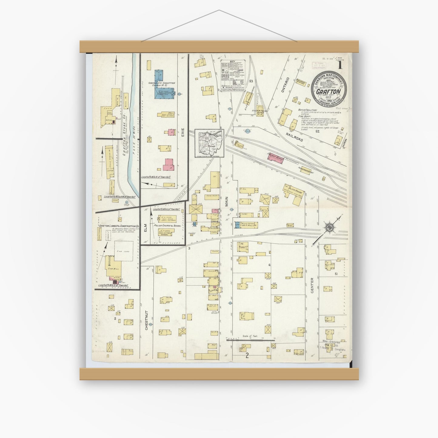 Old map wall art mockup — magnetic wood frame on white wall — Sanborn Fire Insurance Map from Grafton, Lorain County, Ohio (1913) - Complete Map Set