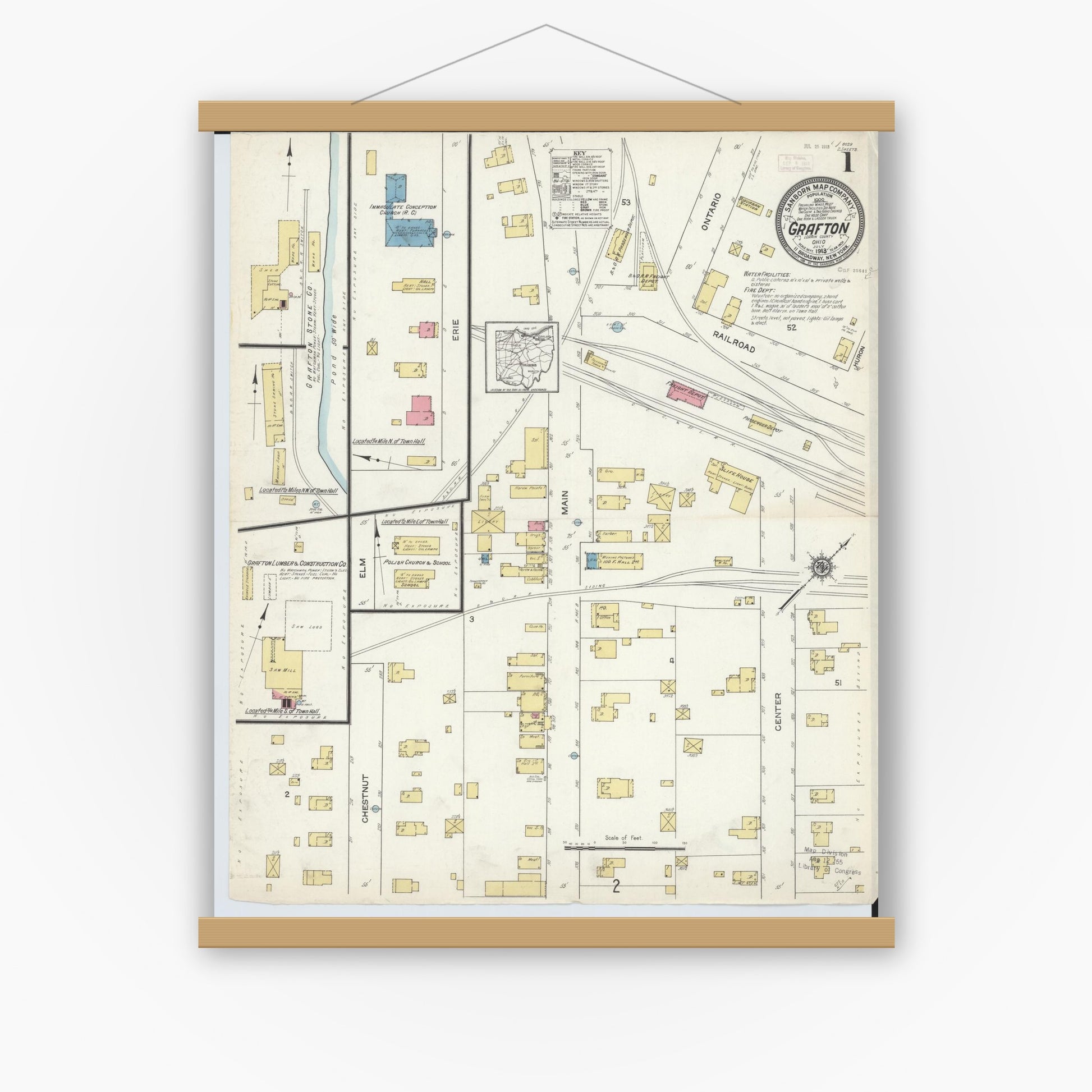 Old map wall art mockup — magnetic wood frame on white wall — Sanborn Fire Insurance Map from Grafton, Lorain County, Ohio (1913) - Complete Map Set