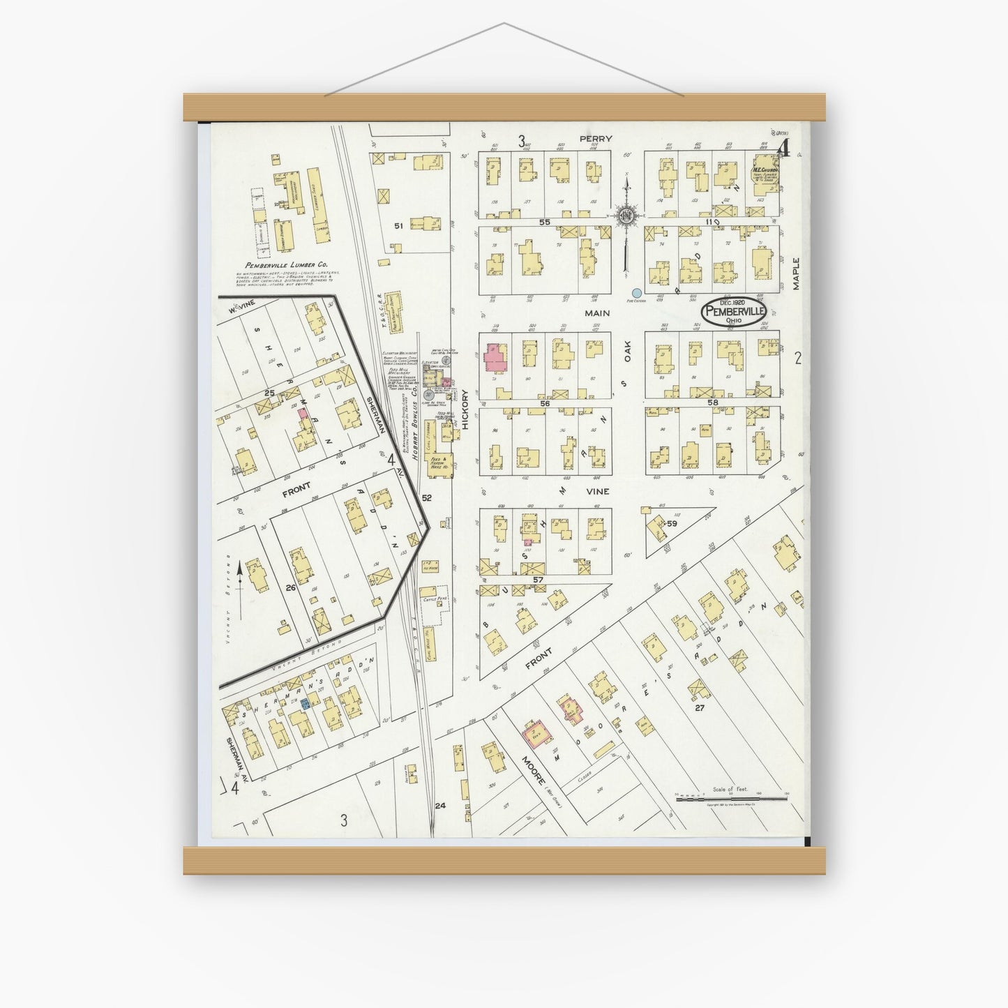 Old map wall art mockup — magnetic wood frame on white wall — Sanborn Fire Insurance Map from Pemberville, Wood County, Ohio (1920), Sheet #0004