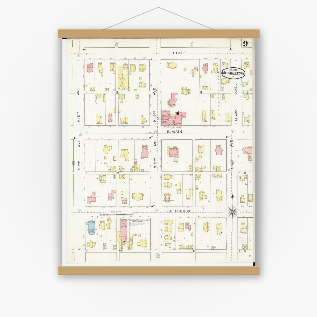 Old map wall art mockup — magnetic wood frame on white wall — Sanborn Fire Insurance Map from Marshalltown, Marshall County, Iowa (1894), Sheet #0009