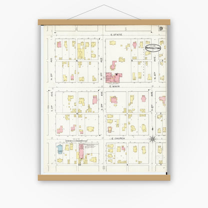 Old map wall art mockup — magnetic wood frame on white wall — Sanborn Fire Insurance Map from Marshalltown, Marshall County, Iowa (1894), Sheet #0009