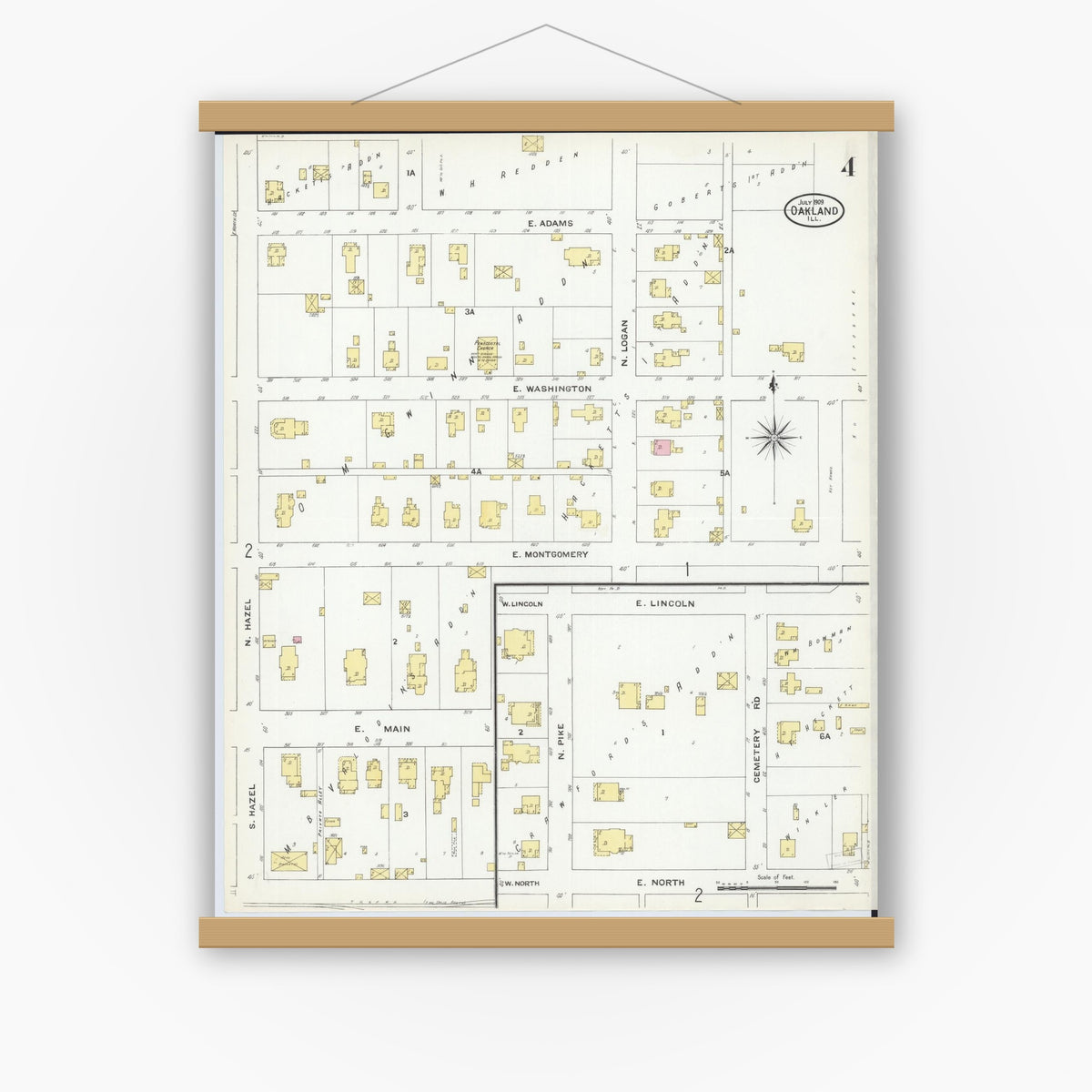 Old map wall art mockup — magnetic wood frame on white wall — Sanborn Fire Insurance Map from Oakland, Coles County, Illinois (1909), Sheet #0004