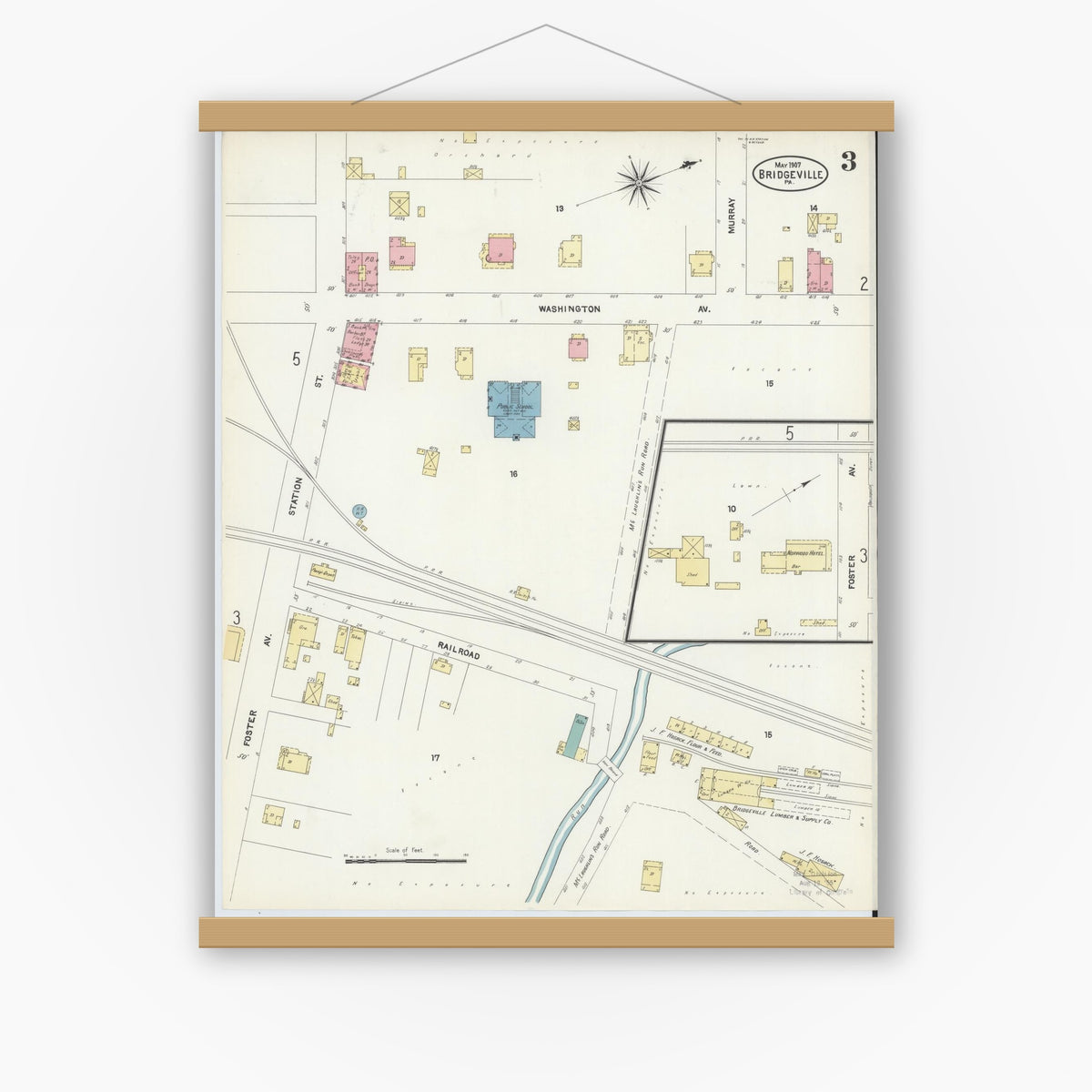Old map wall art mockup — magnetic wood frame on white wall — Sanborn Fire Insurance Map from Bridgeville, Allegheny County, Pennsylvania (1907), Sheet #0003