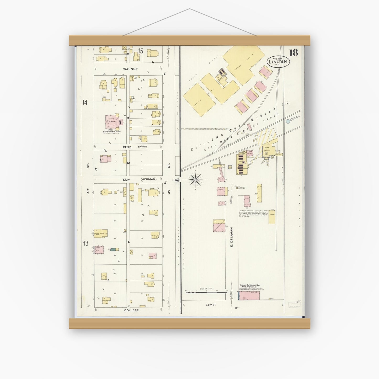 Old map wall art mockup — magnetic wood frame on white wall — Sanborn Fire Insurance Map from Lincoln, Logan County, Illinois (1909), Sheet #0018
