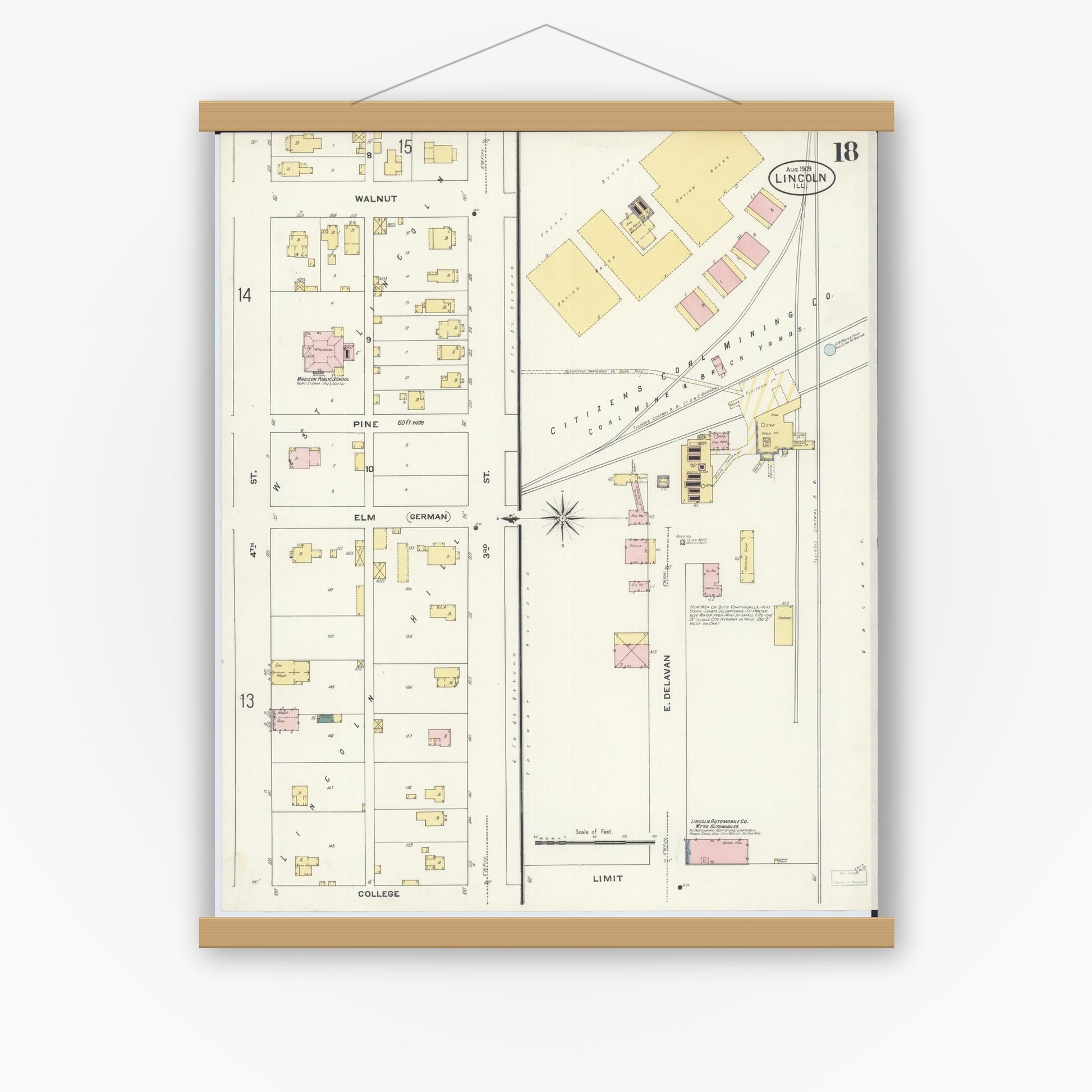 Old map wall art mockup — magnetic wood frame on white wall — Sanborn Fire Insurance Map from Lincoln, Logan County, Illinois (1909), Sheet #0018