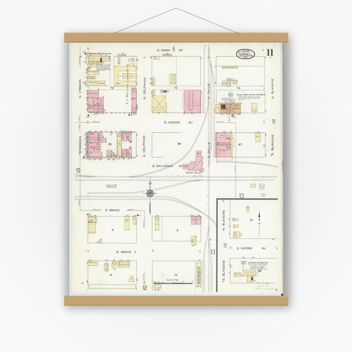 Old map wall art mockup — magnetic wood frame on white wall — Sanborn Fire Insurance Map from Terrell, Kaufman County, Texas (1914), Sheet #0011